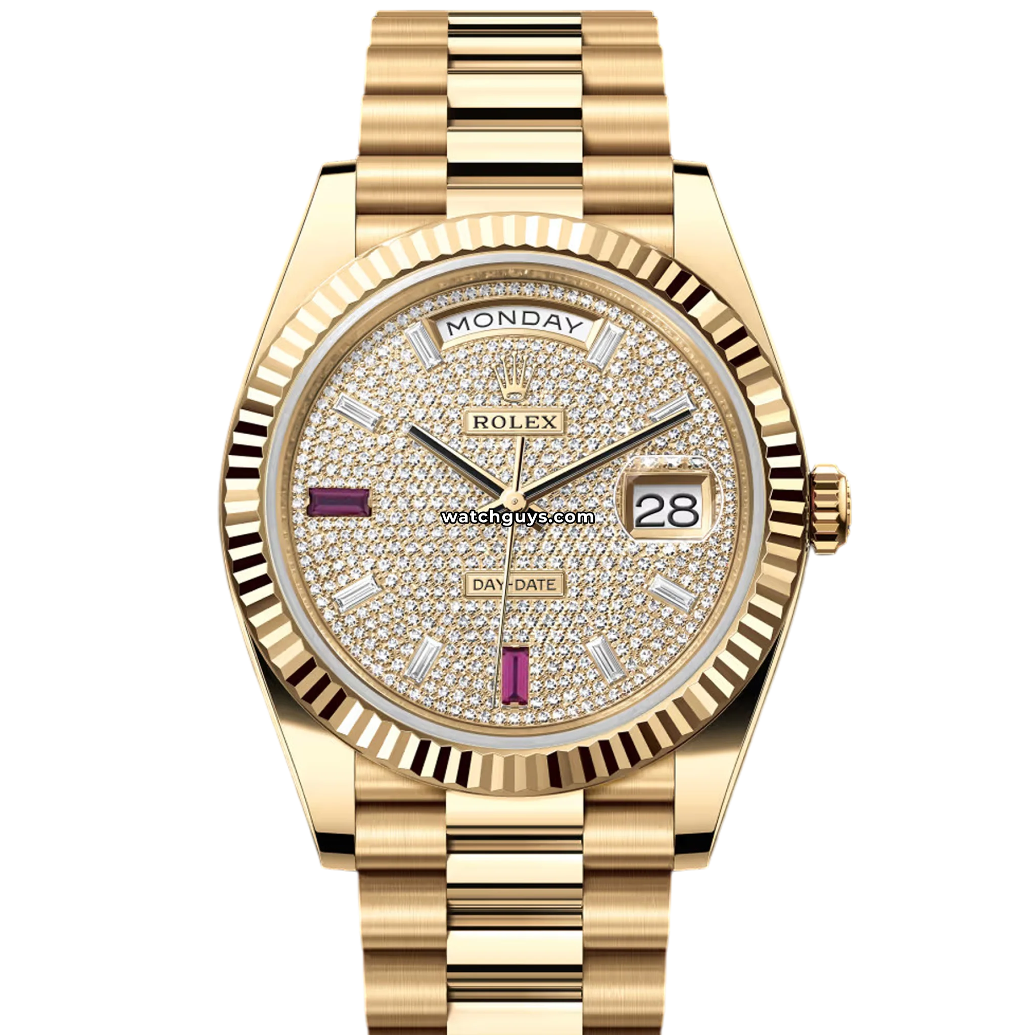 Sale! Rolex Ruby Diamond Gold Date Ladies Watch Rolex Day Date 18388 Diamond Ruby Pave Dial Mens Watch – Phigora main image 3