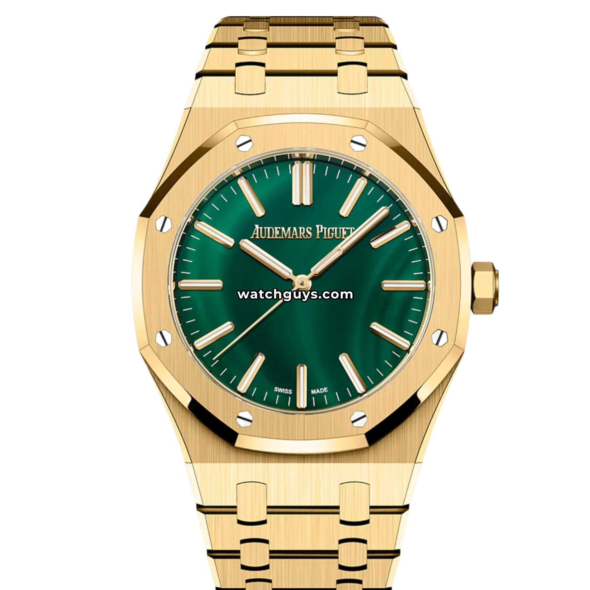 Audemars Piguet Royal Oak Jumbo reference 15513BA in yellow gold with green Tapisserie dial and integrated bracelet, product photo from WatchGuys