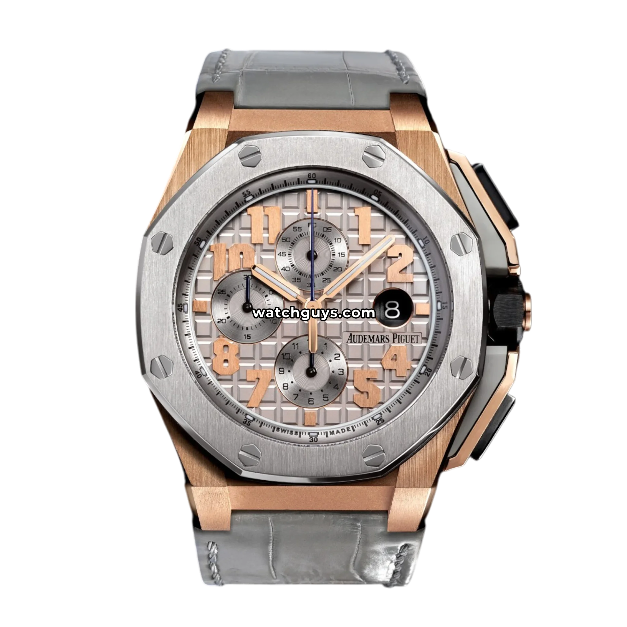 Audemars Piguet Royal Oak Offshore LeBron James reference 26210OI in pink gold and titanium with grey Mega Tapisserie dial, product photo from WatchGuys