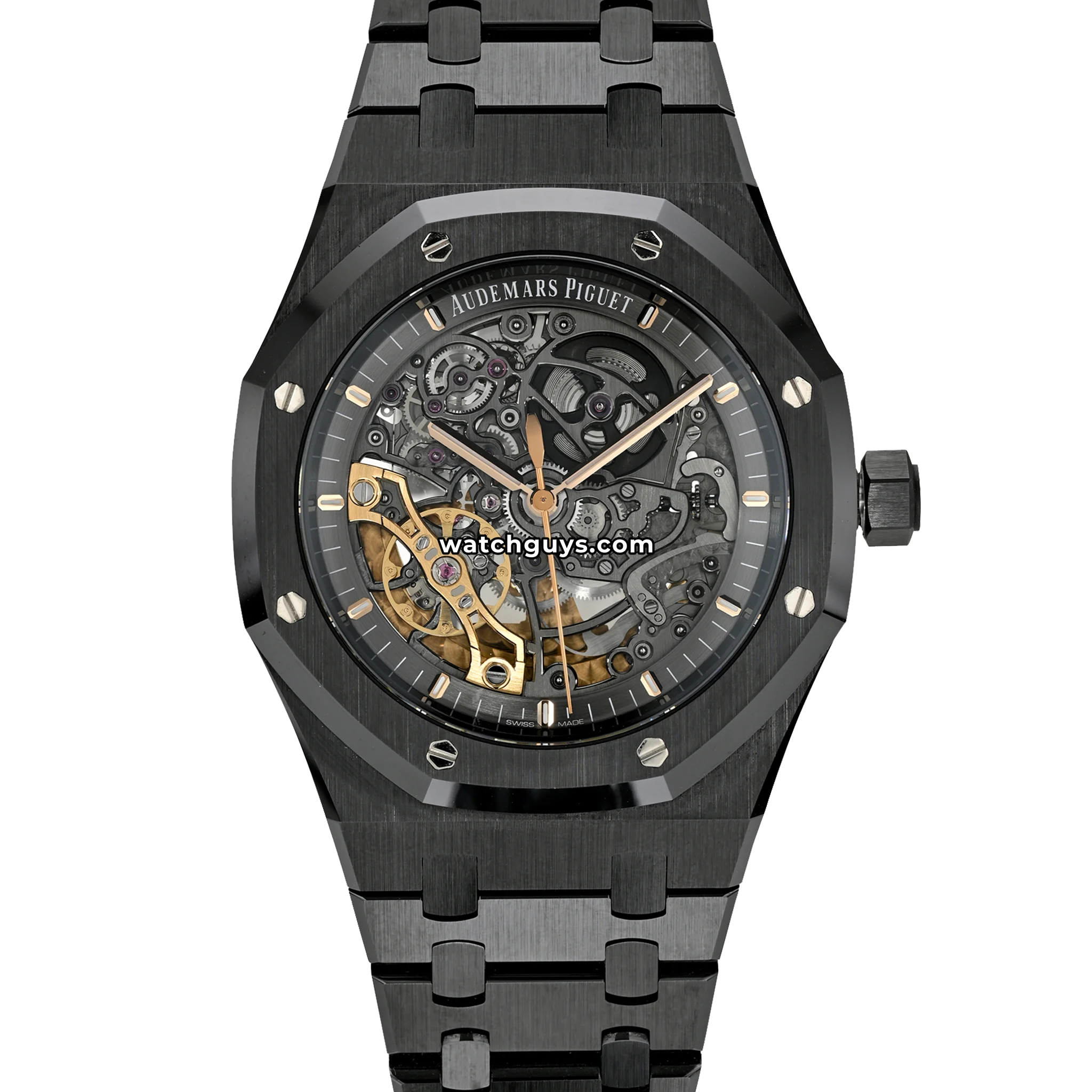 Audemars Piguet Royal Oak Double Balance Wheel Openworked reference 15416CE in matte black ceramic with skeletonized dial and rose gold accents product photo from WatchGuys
