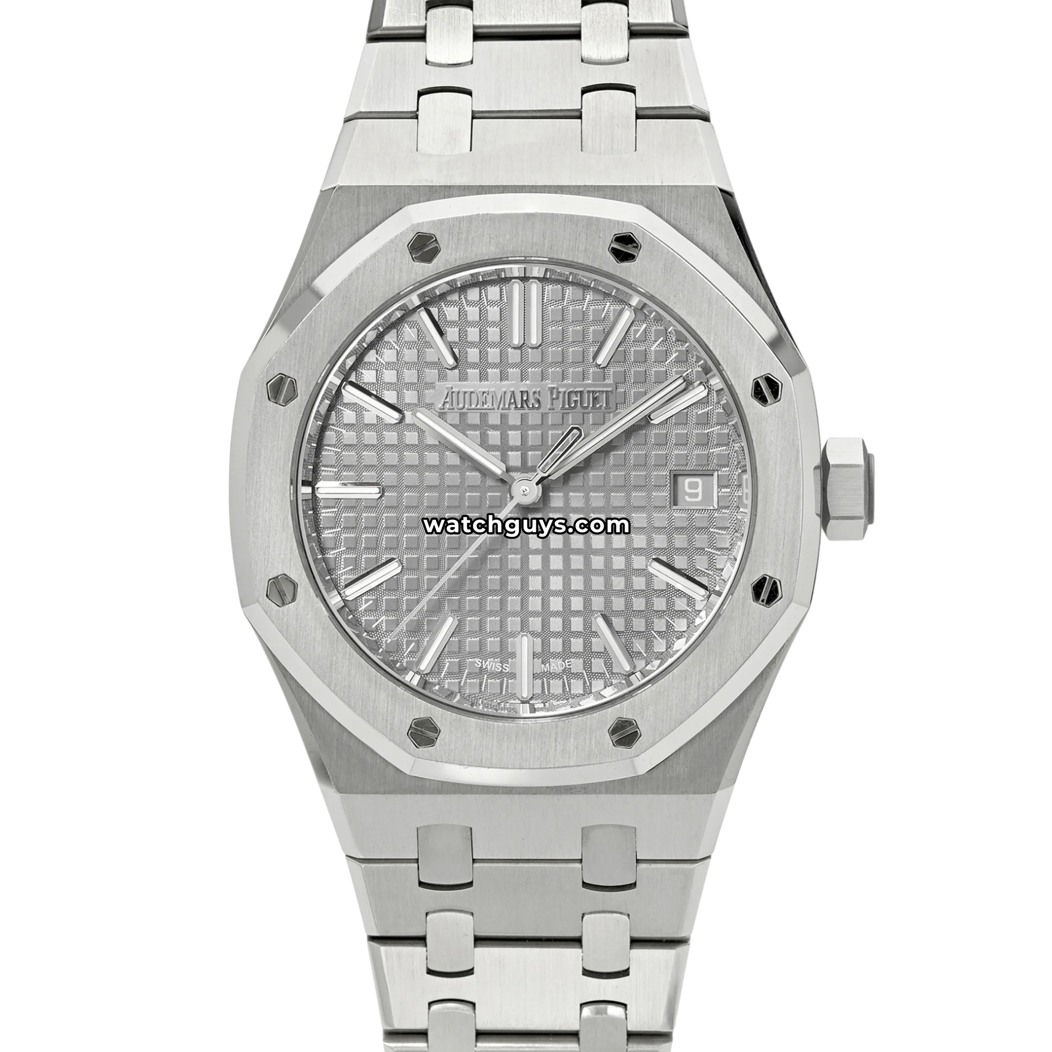Audemars Piguet Royal Oak reference 15550ST in stainless steel with ice blue Grande Tapisserie dial product photo from WatchGuys