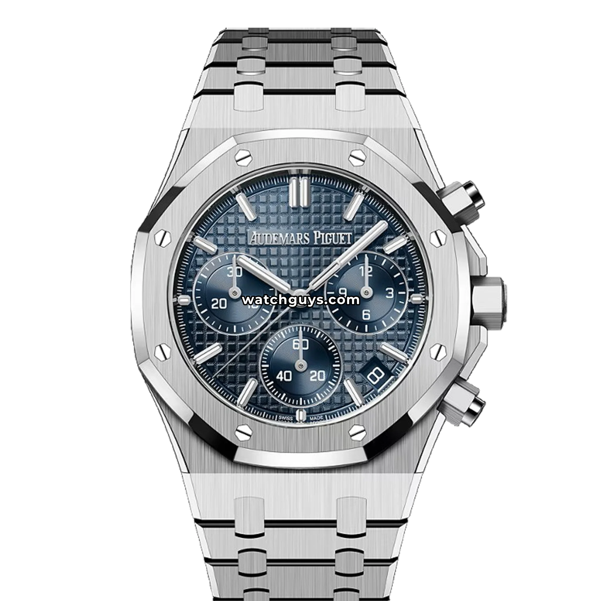Audemars Piguet Royal Oak Chronograph reference 26240BC in frosted white gold with blue dial product photo from WatchGuys