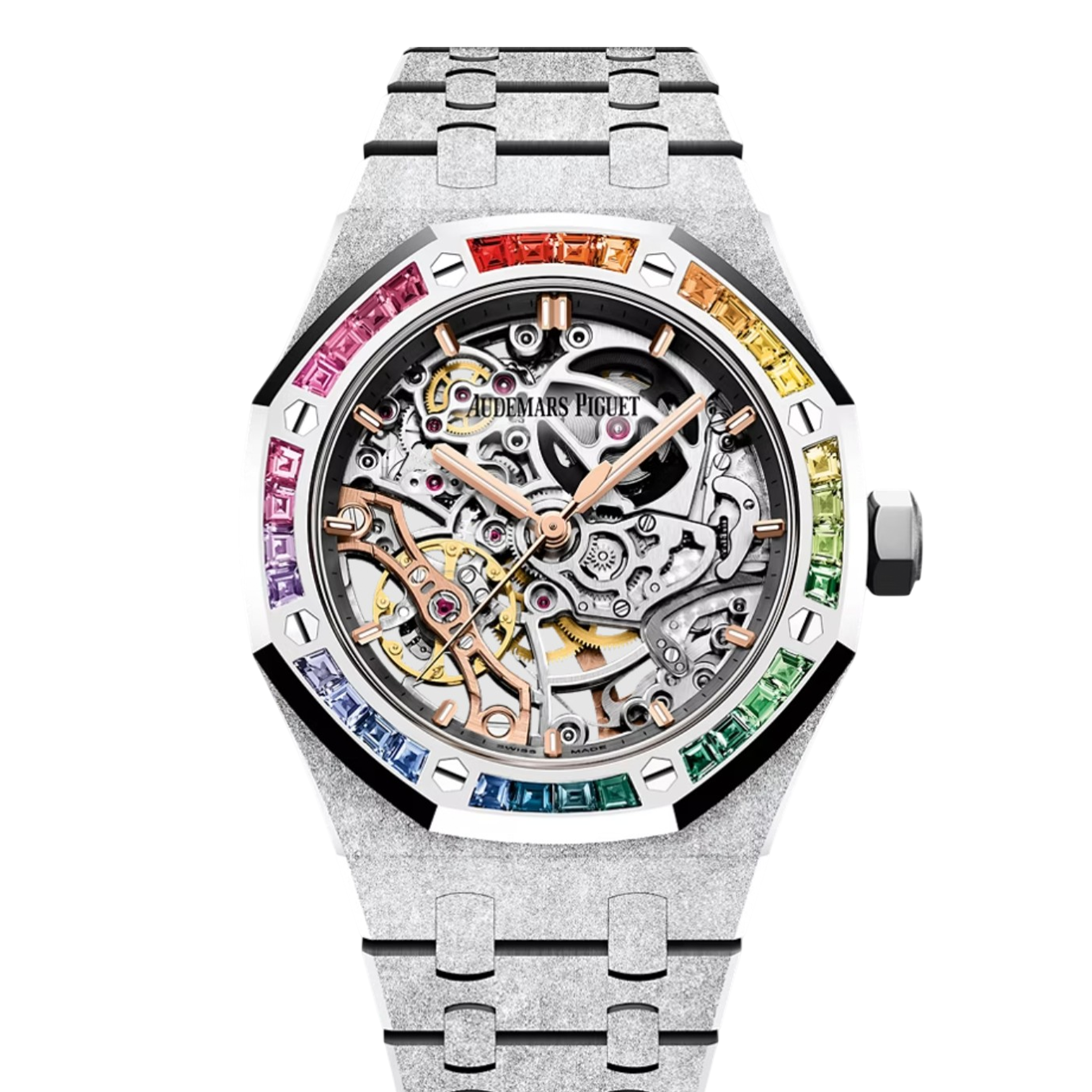 Audemars Piguet Royal Oak Openworked Rainbow reference 15468BC.YG.1259BC.01 with frosted white gold and rainbow gem bezel product photo from WatchGuys