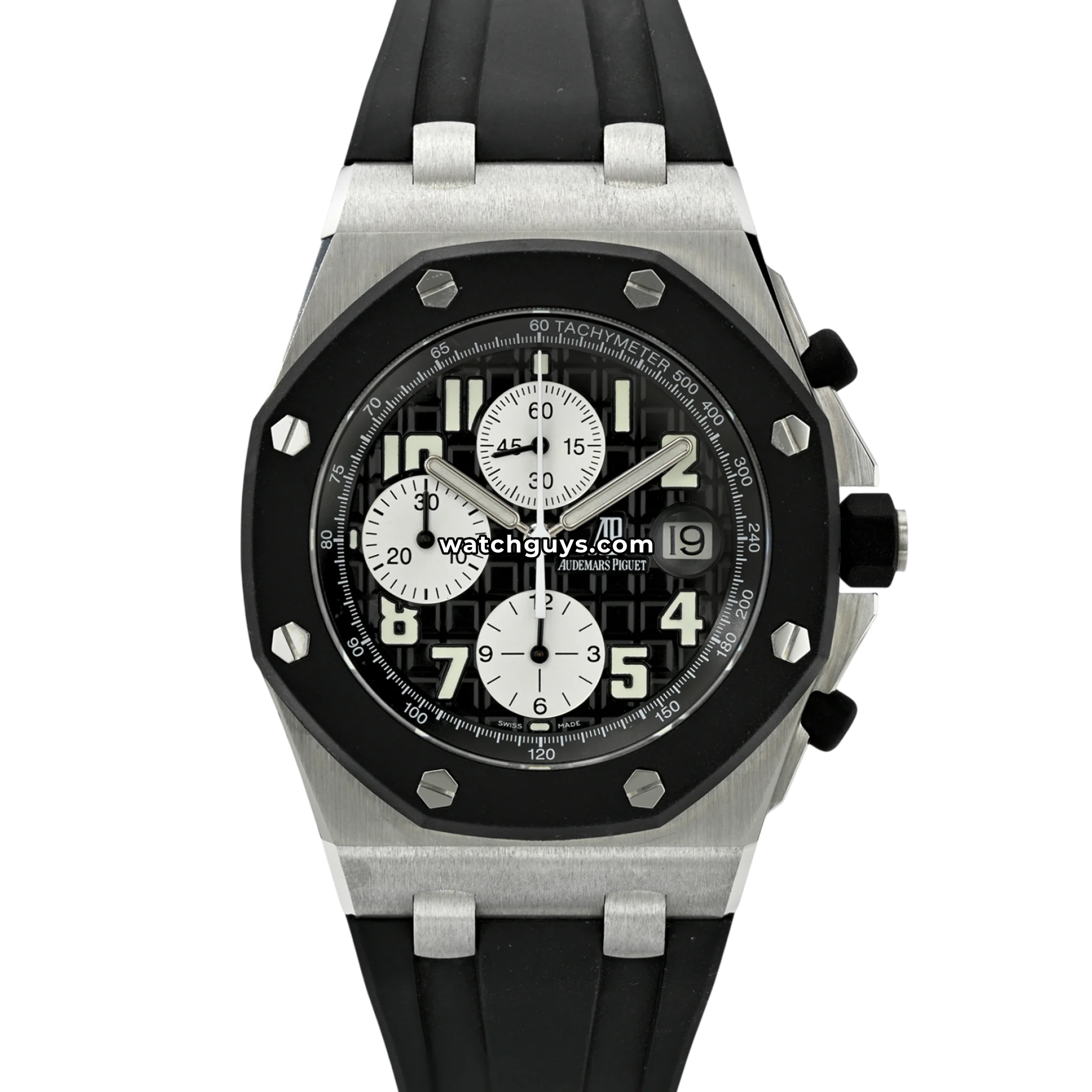 Audemars Piguet Royal Oak Offshore reference 25940SK in steel with black chronograph dial and rubber strap product photo from WatchGuys