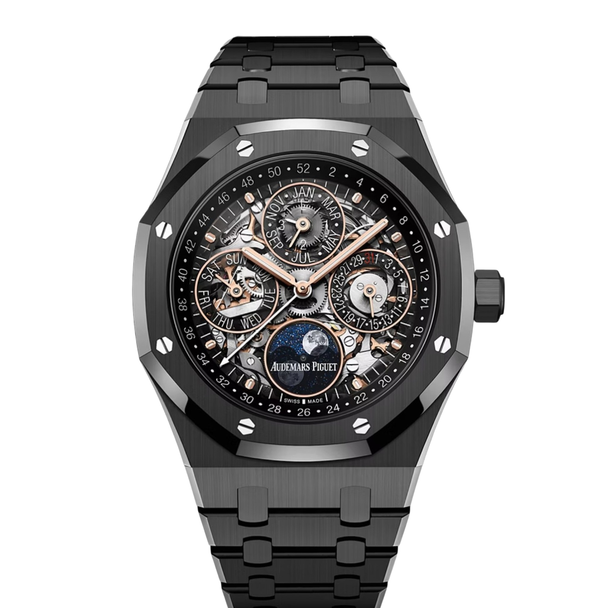 Audemars Piguet Royal Oak Perpetual Calendar Openworked reference 26585CE in black ceramic with rose gold sub-dials product photo from WatchGuys