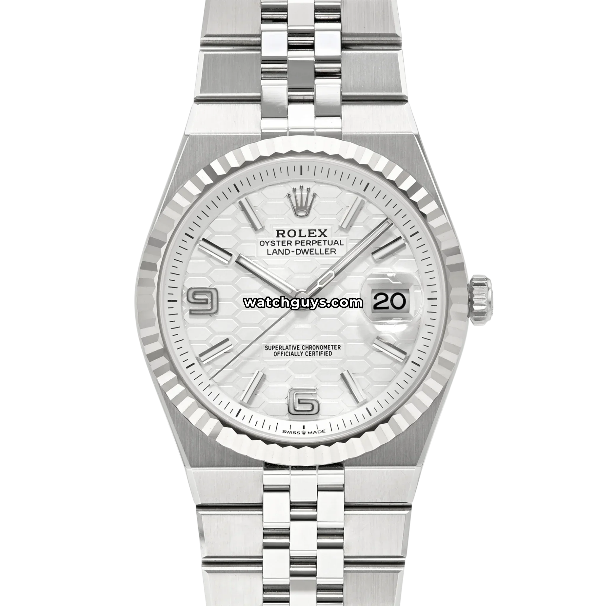 Rolex Land-Dweller 40 reference 127334 in stainless steel and white gold with a white honeycomb dial and Flat Jubilee bracelet, product photo from WatchGuys