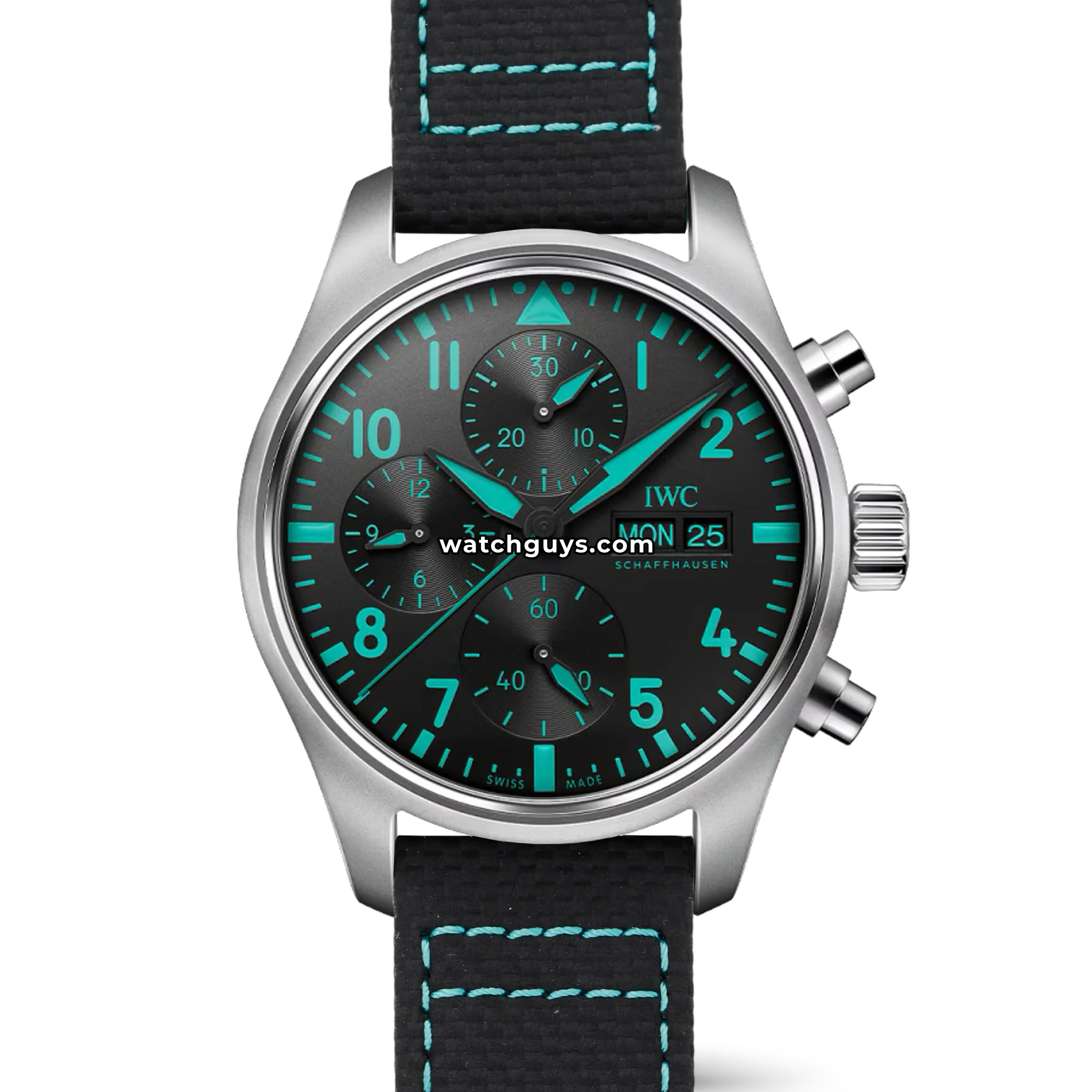 IWC Pilot's Watch Performance Chronograph 41 AMG reference IW388306 in black ceramic with tachymeter and turquoise accents product photo from WatchGuys