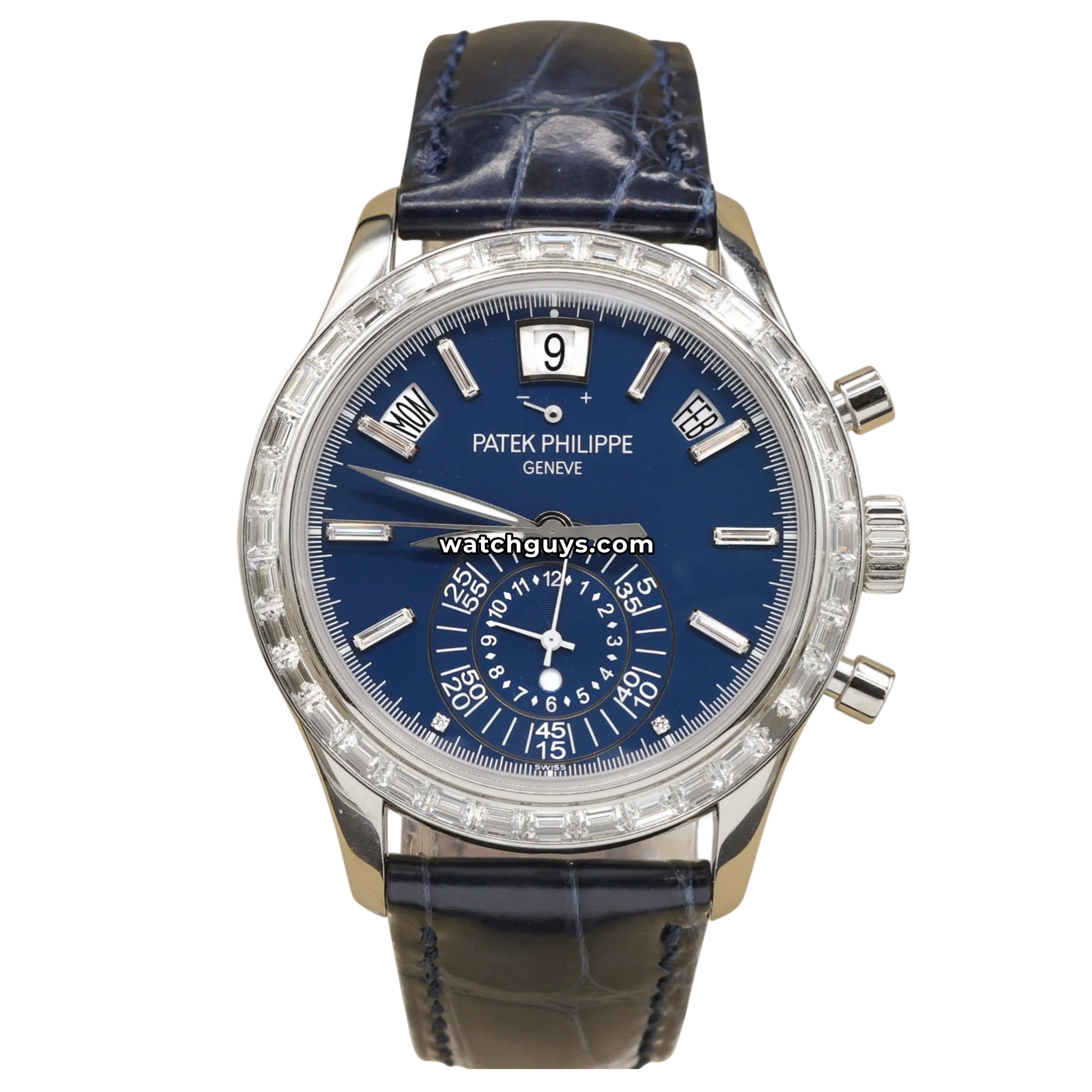 Patek Philippe reference 5961P-001 in platinum with baguette diamond bezel and blue dial product photo from WatchGuys