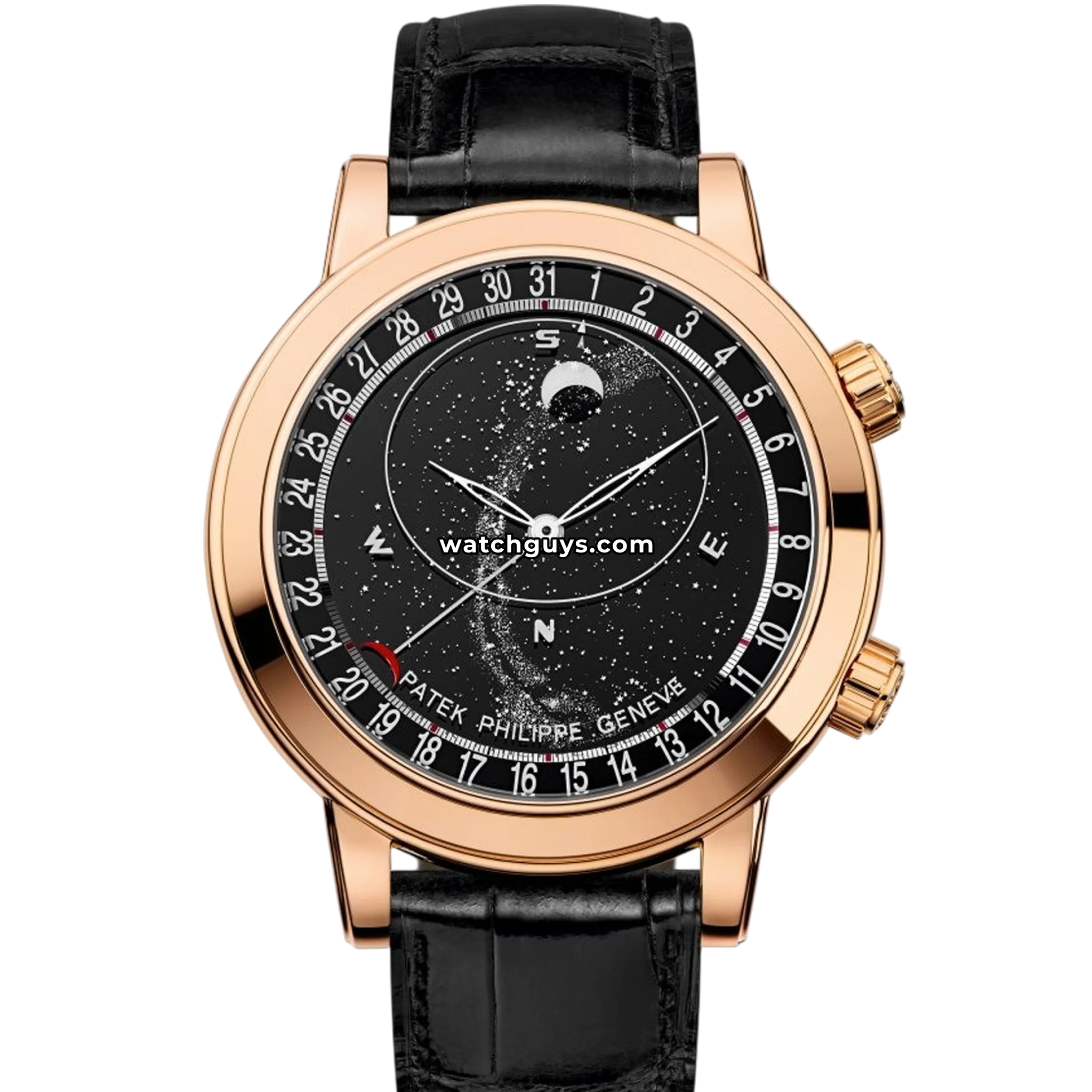 Patek Philippe Celestial Grand Complications reference 6102R in rose gold with rotating sky chart and moonphase dial, product photo from WatchGuys