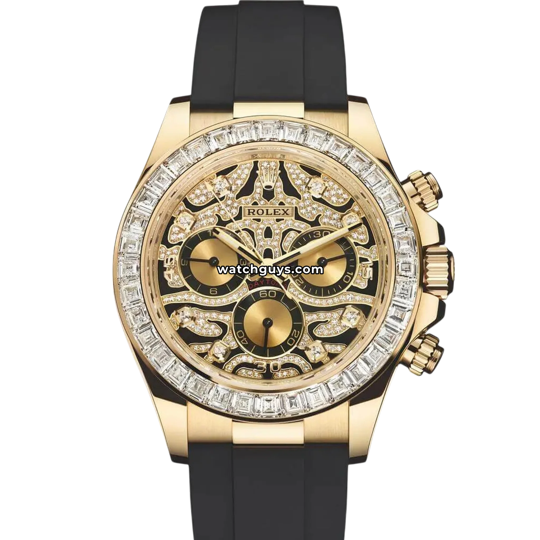 Rolex Cosmograph Daytona Eye of the Tiger reference 116588TBR in yellow gold with diamond-set tiger-stripe dial and baguette bezel, product photo from WatchGuys