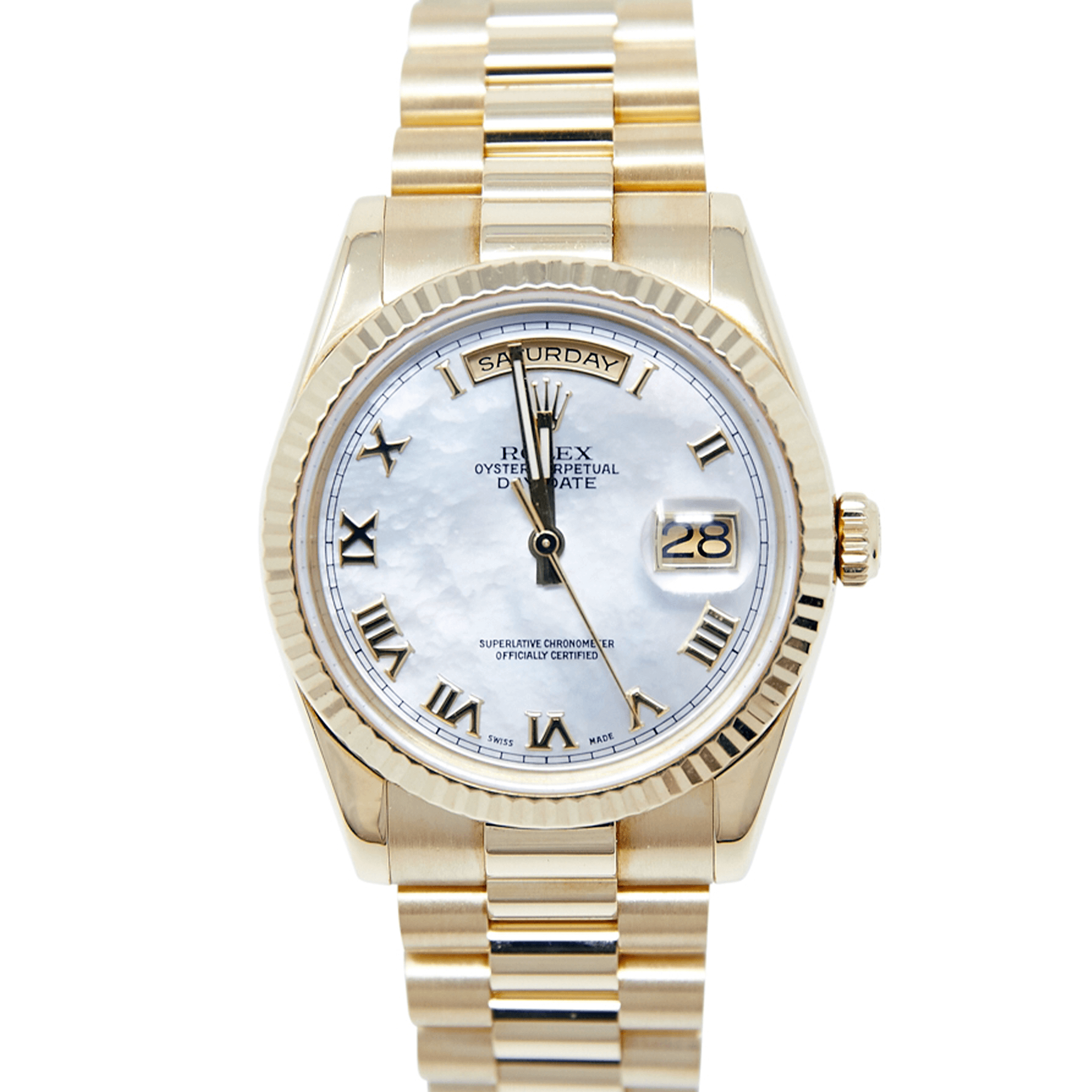 Rolex Day Date 118238 Mother of Pearl 18k Yellow Gold 36mm WatchGuys