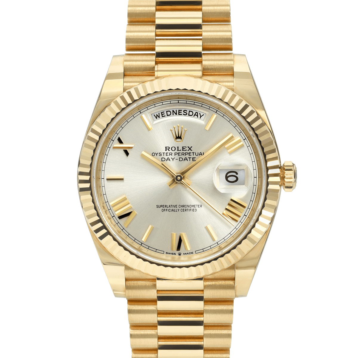 Rolex Day-Date 228238, silver Roman numeral dial, yellow gold President bracelet