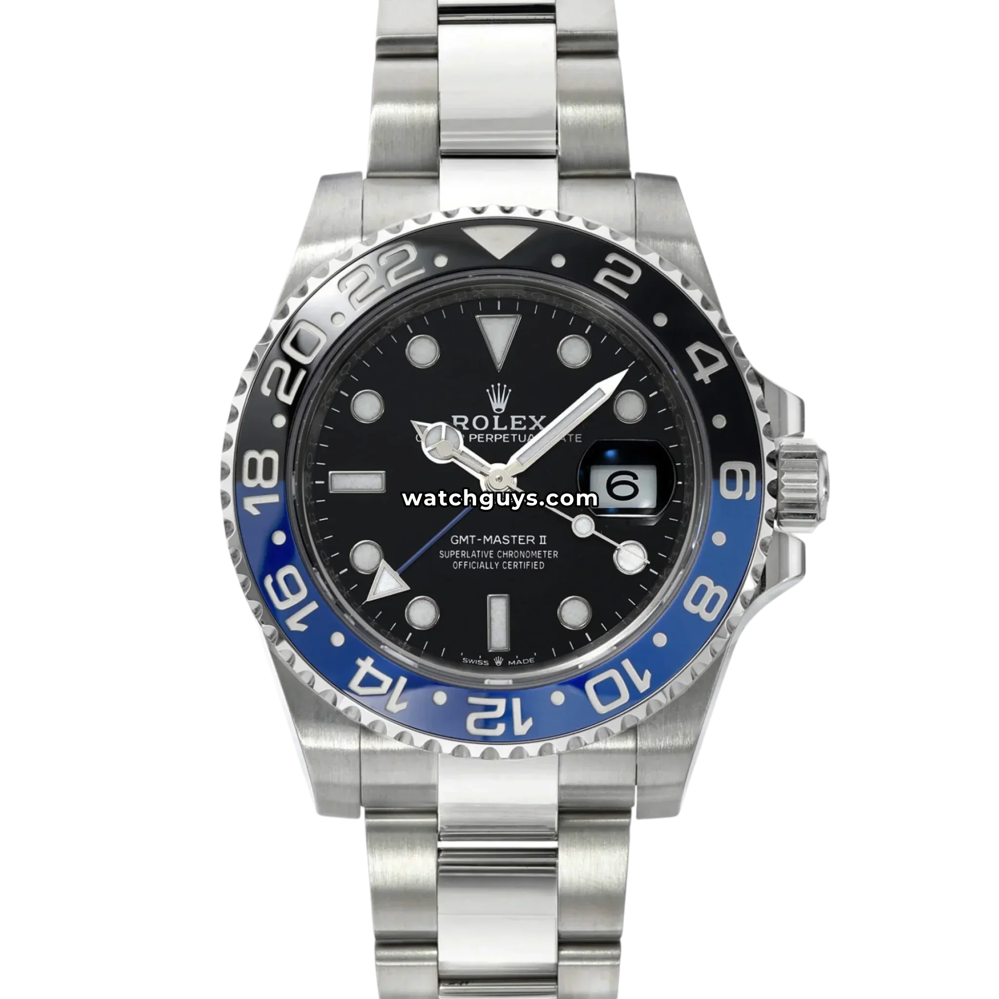 Rolex GMT-Master II Batman reference 126710BLNR with blue and black ceramic bezel on Oyster bracelet product photo from WatchGuys