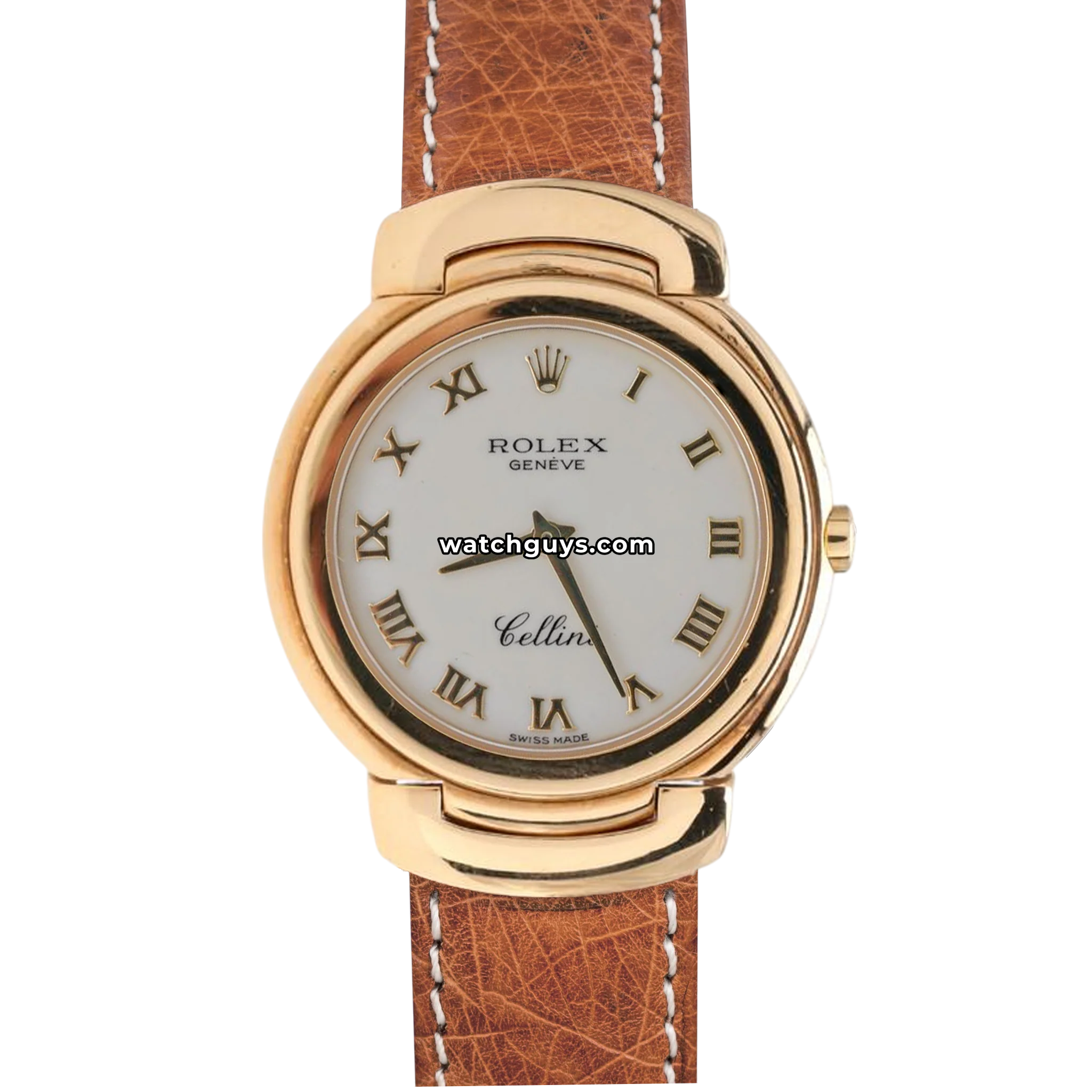 Rolex Cellini reference 6622 in 18k yellow gold with white dial, gold Roman numerals and brown leather strap product photo from WatchGuys