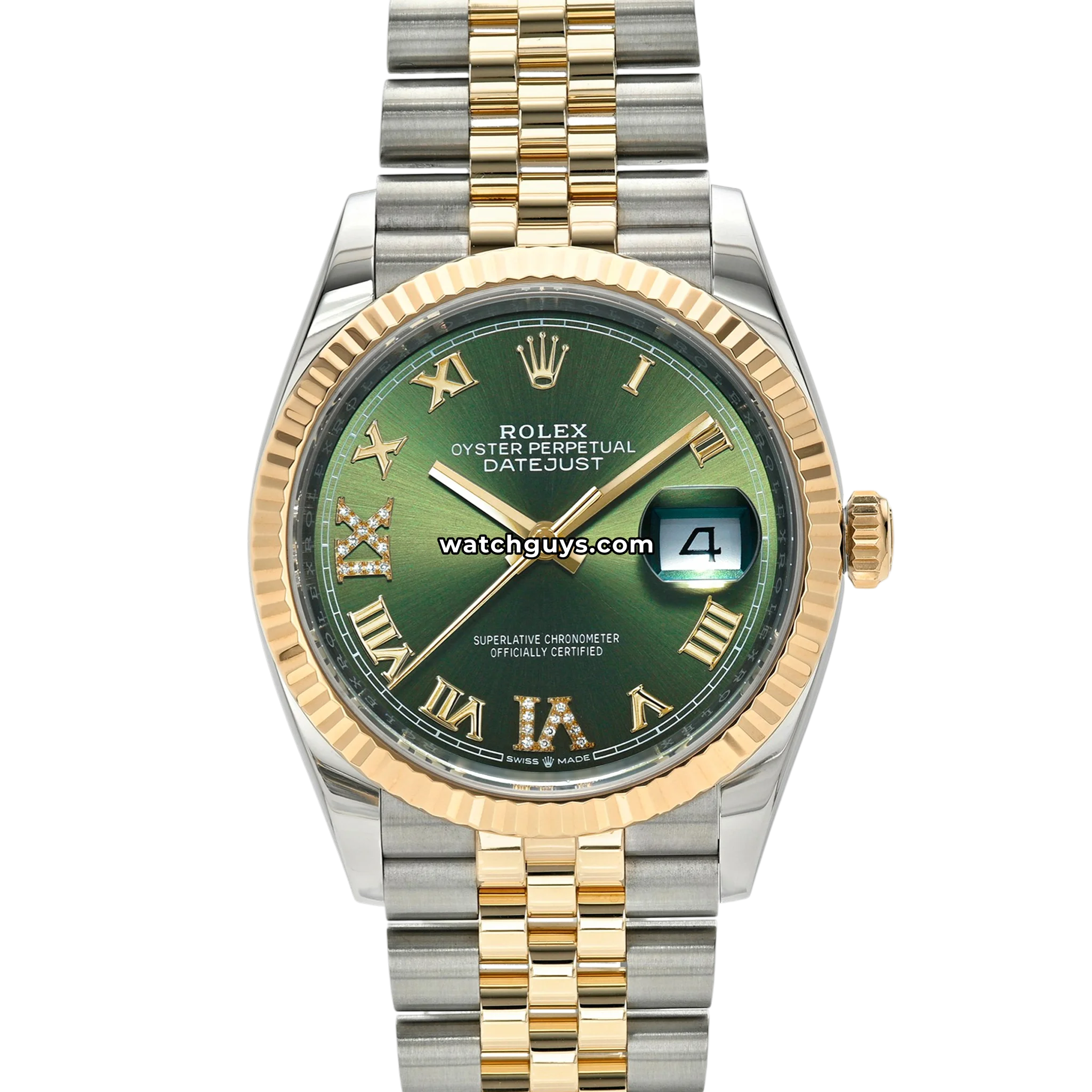 Rolex Datejust 36 reference 126233 in Rolesor steel and yellow gold with green sunburst dial and diamond set Roman numerals product photo from WatchGuys