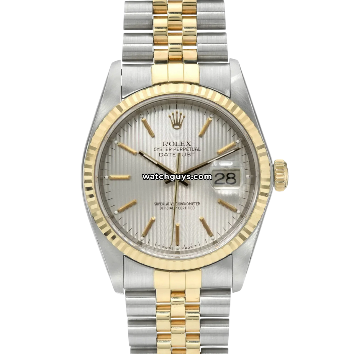 ROLEX 1601 16013 DATEJUST ベゼル K14YG Rolex Datejust 16013 Silver Tapestry 36mm Two Tone – WatchGuys
