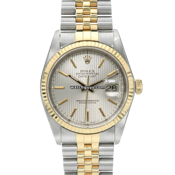 Rolex Datejust 16233 Silver Tapestry 36mm - 100% Authentic – WatchGuys