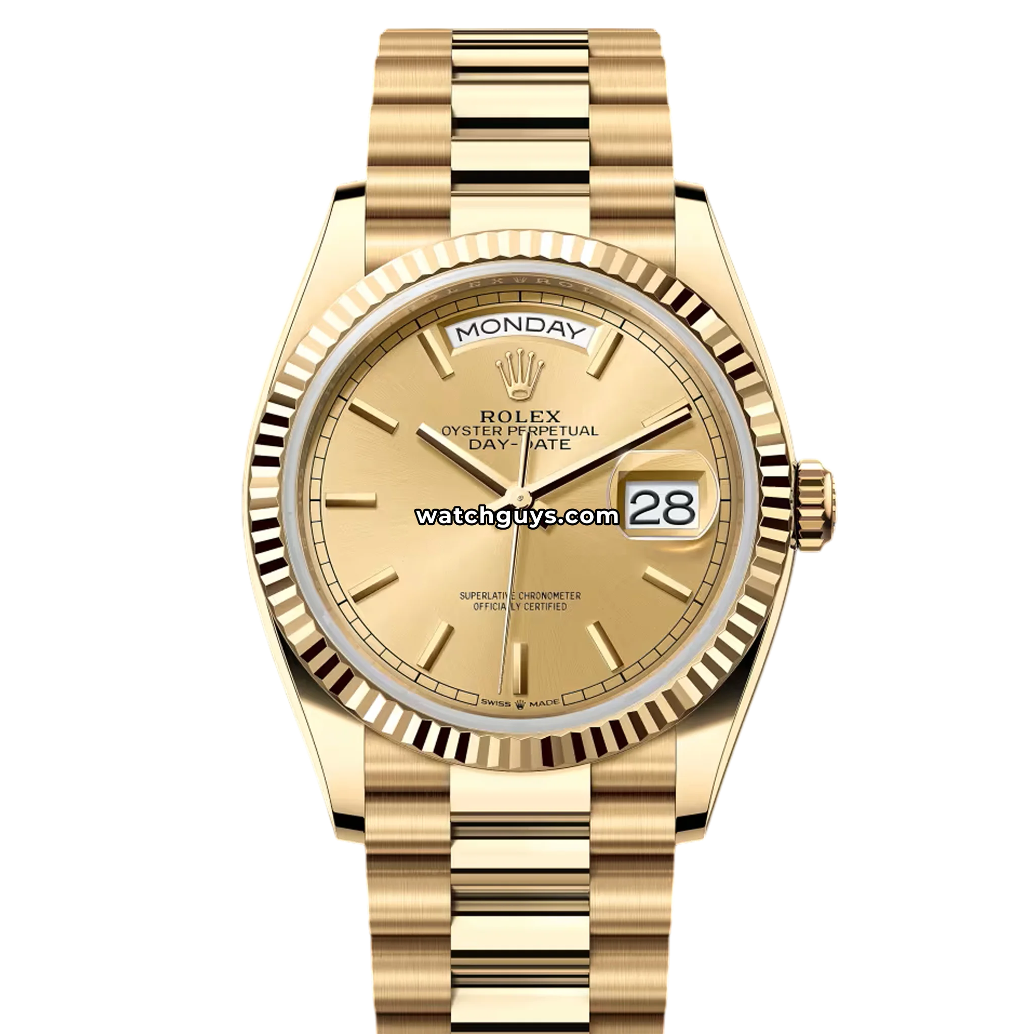Rolex Day-Date 36 reference 128238 in yellow gold with champagne dial and fluted bezel on President bracelet product photo from WatchGuys