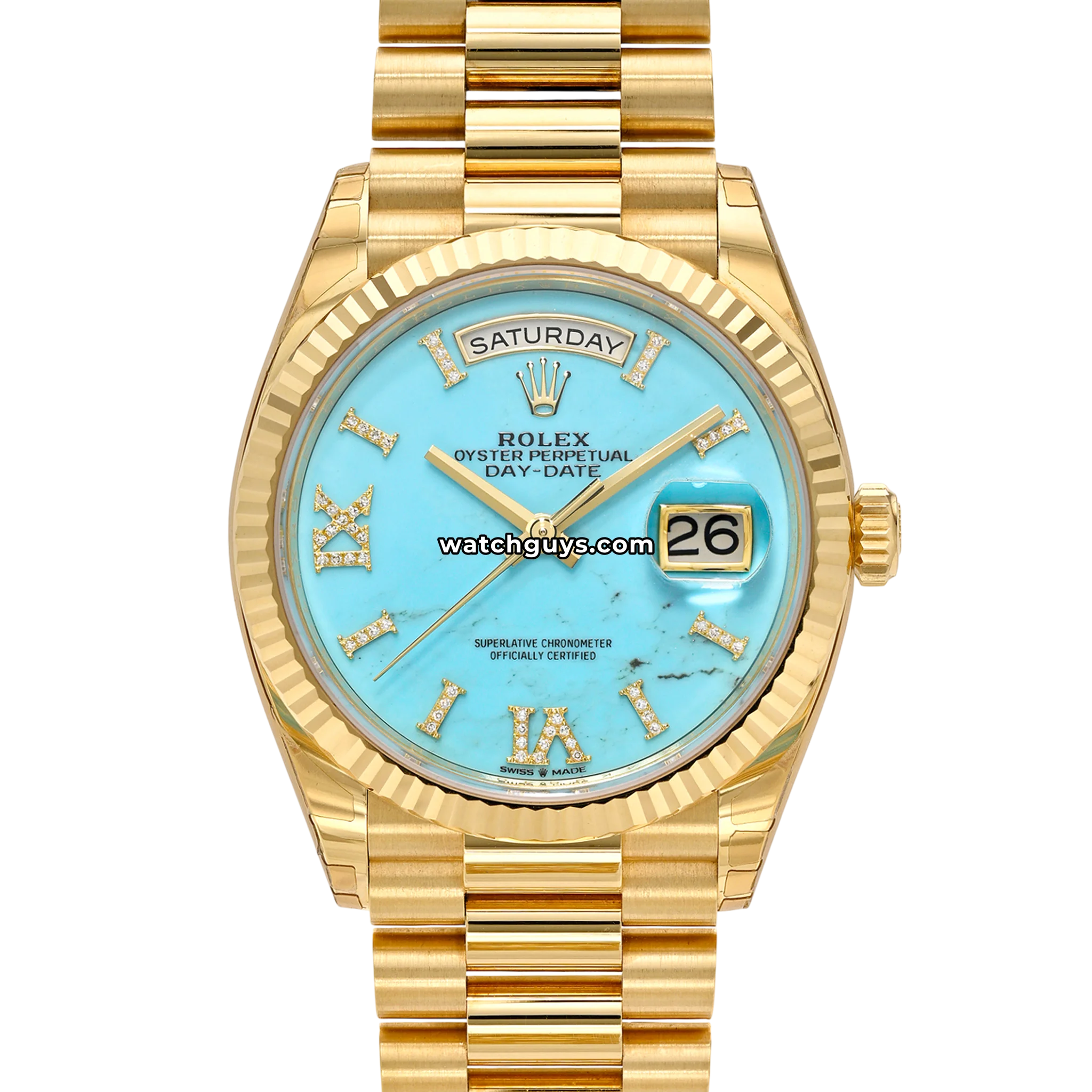 Rolex Day-Date 36 reference 128238 in yellow gold with turquoise stone dial and diamond markers product photo from WatchGuys