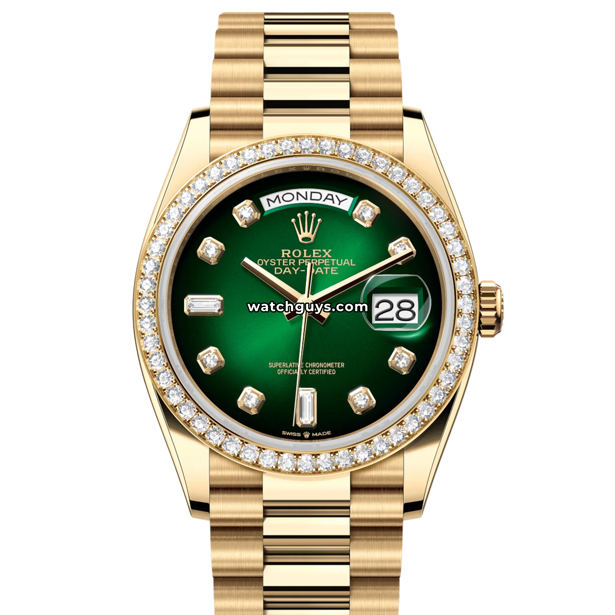Rolex Day-Date 36 reference 128348RBR in yellow gold with factory diamond bezel and green ombre diamond dial product photo from WatchGuys