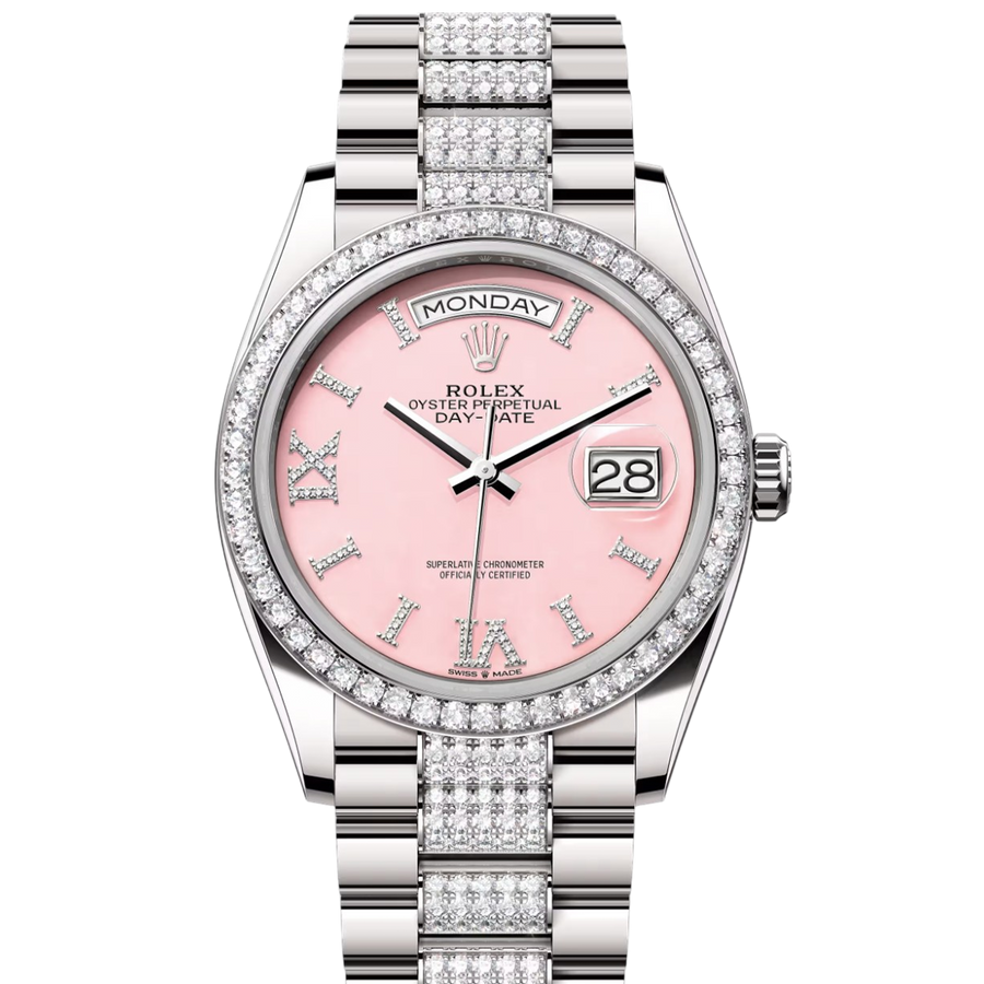Rolex Day-Date 128349RBR 36mm Pink Roman Diamond Dial – WatchGuys