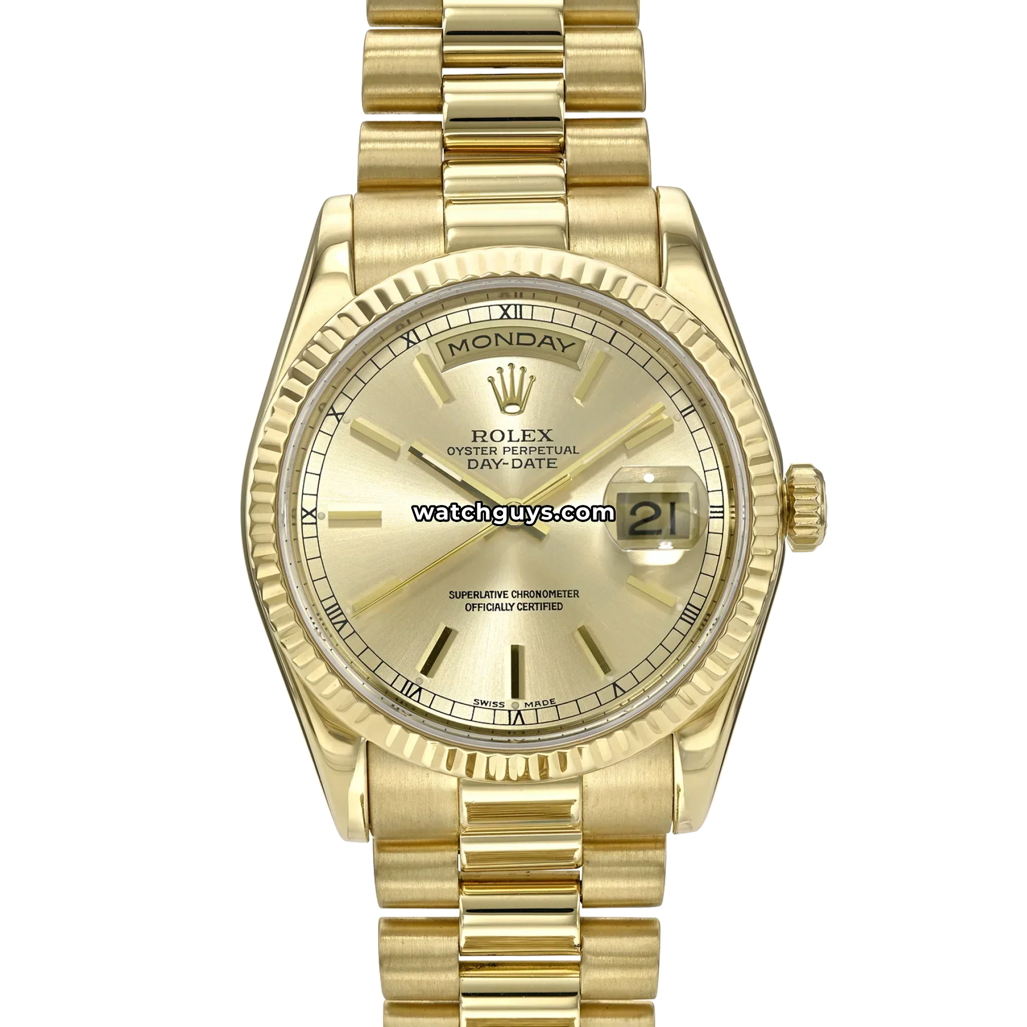 Rolex Day-Date reference 18238 in 18k yellow gold with champagne dial fluted bezel and President bracelet product photo from WatchGuys