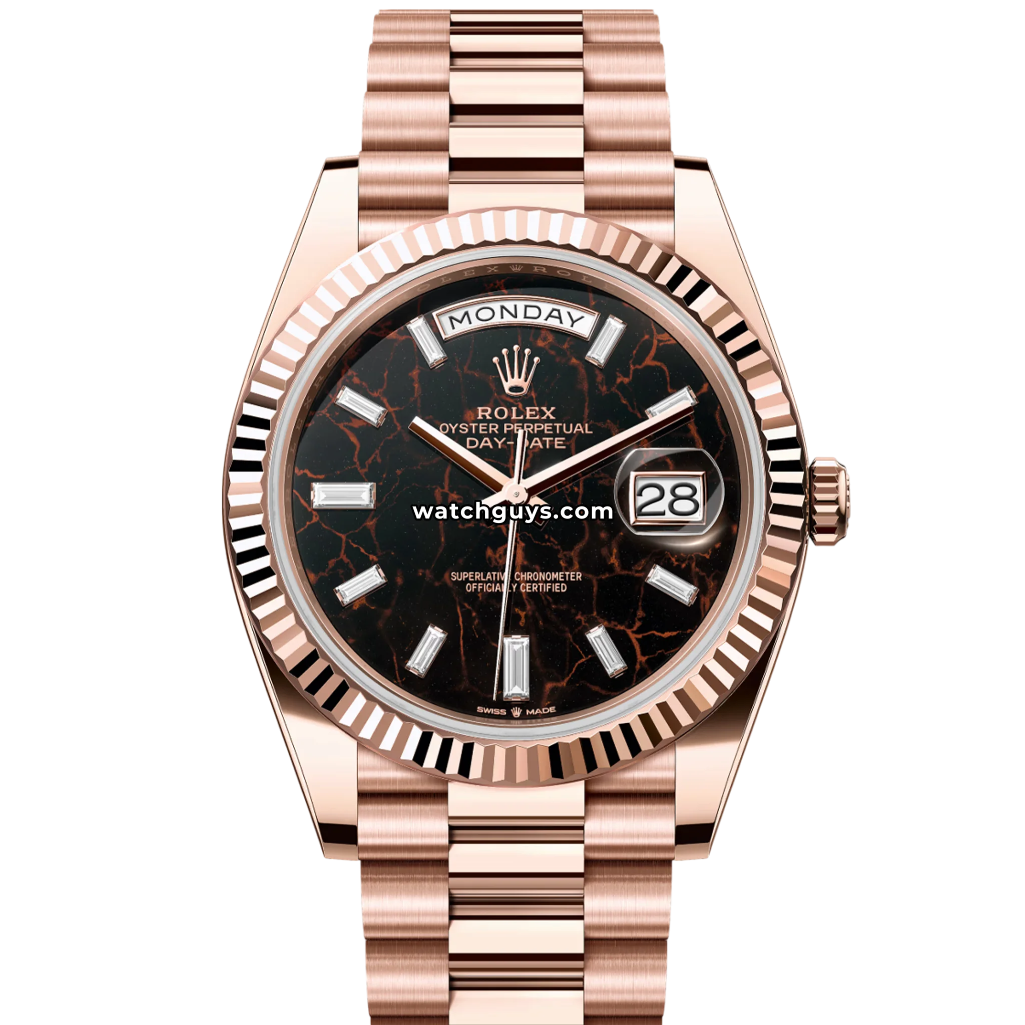 シルクスクリーン Dennis Frings 34/195 Rolex Day-Date 228235 40mm Eisenkiesel Diamond Dial – WatchGuys