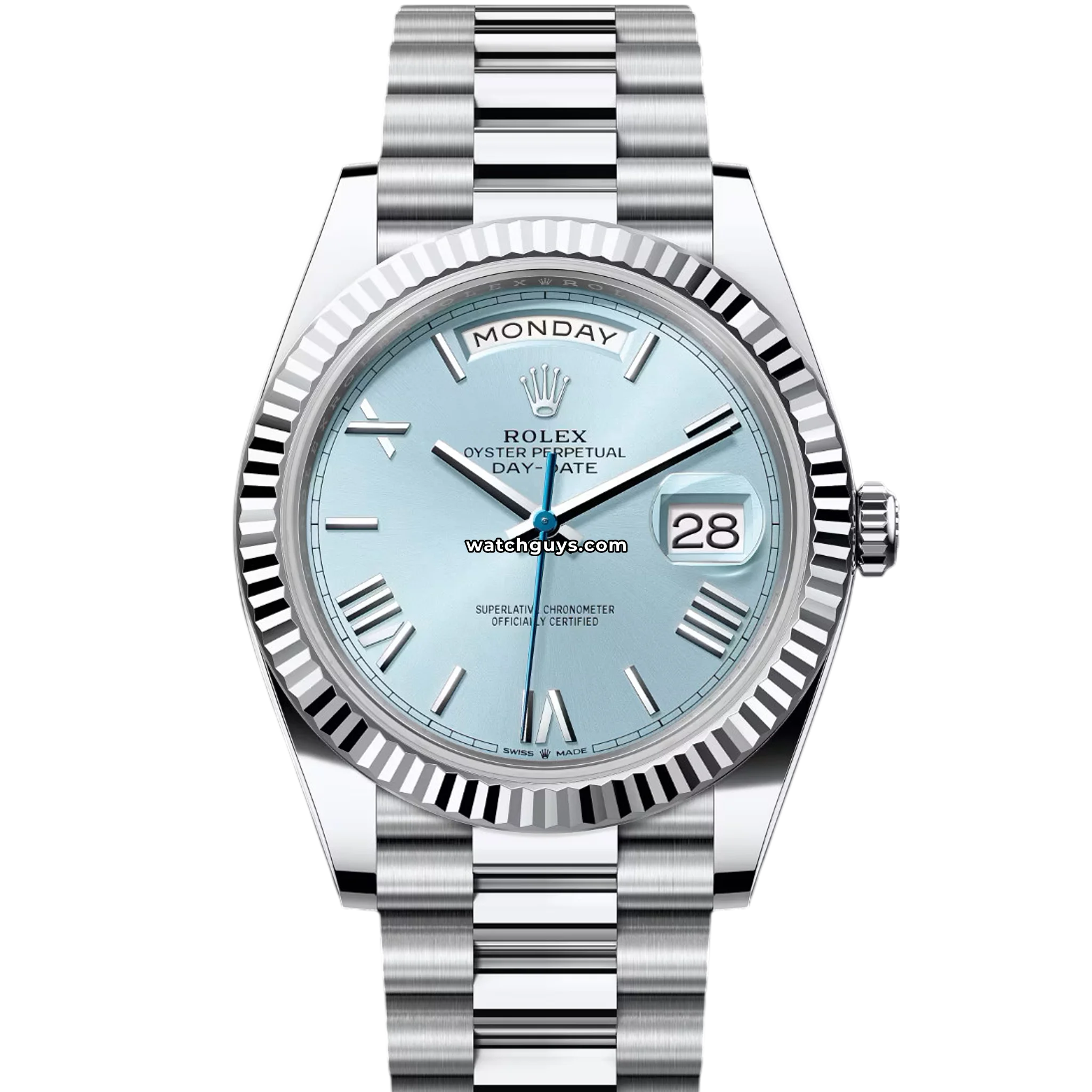 Rolex Day-Date reference 228236 with platinum case, fluted bezel and ice blue Roman dial product photo from WatchGuys