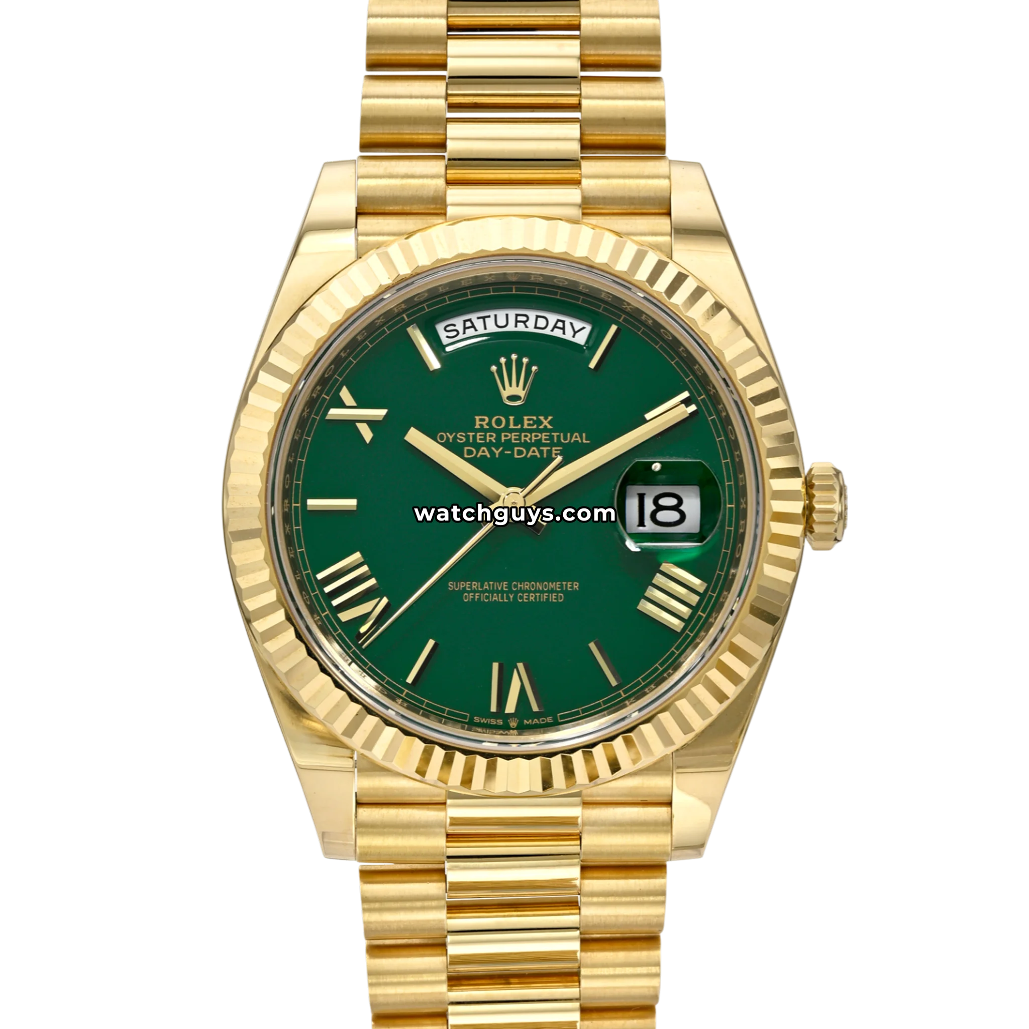 Rolex Day-Date reference 228238 in 18k yellow gold with Money Green dial and Roman numerals product photo from WatchGuys