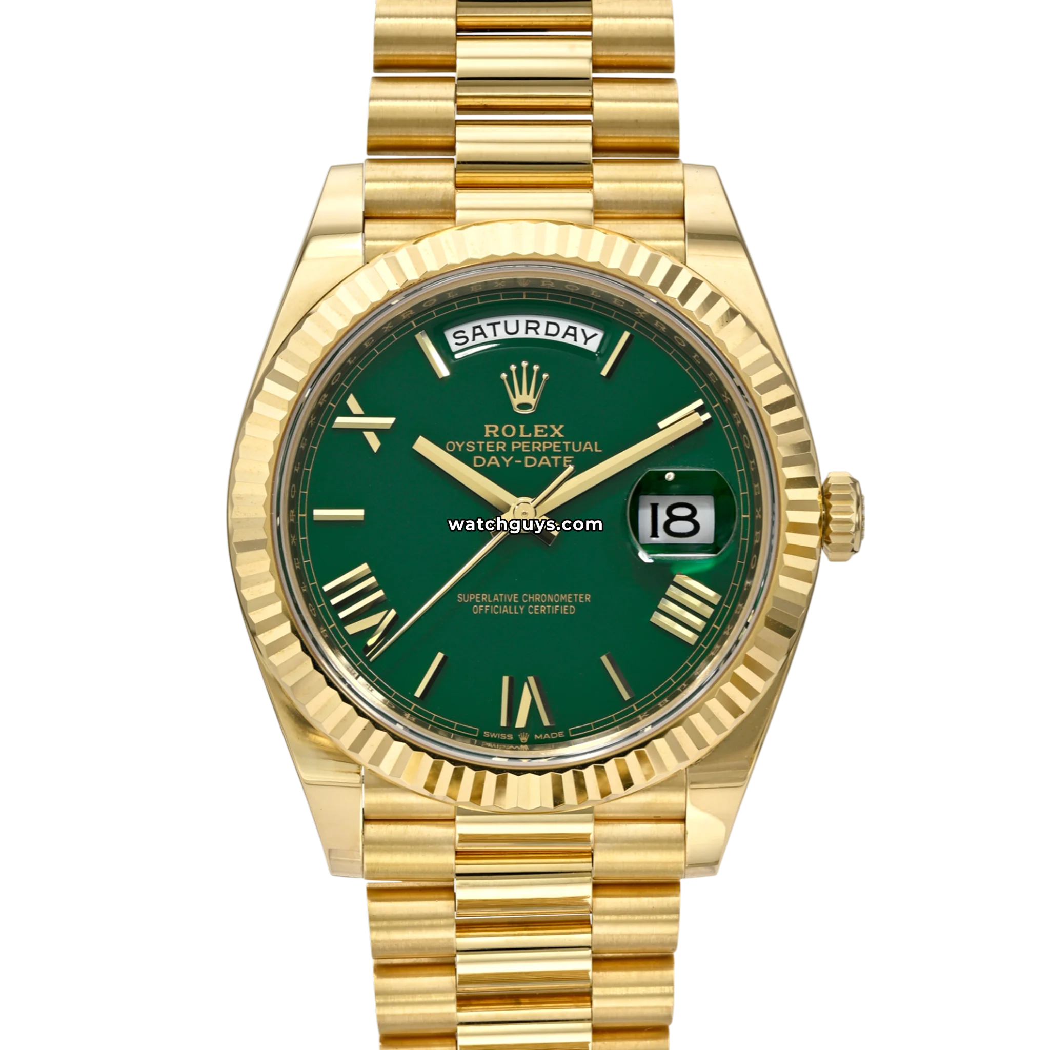 Rolex Day-Date 40 reference 228238 in yellow gold with green Roman numeral dial product photo from WatchGuys
