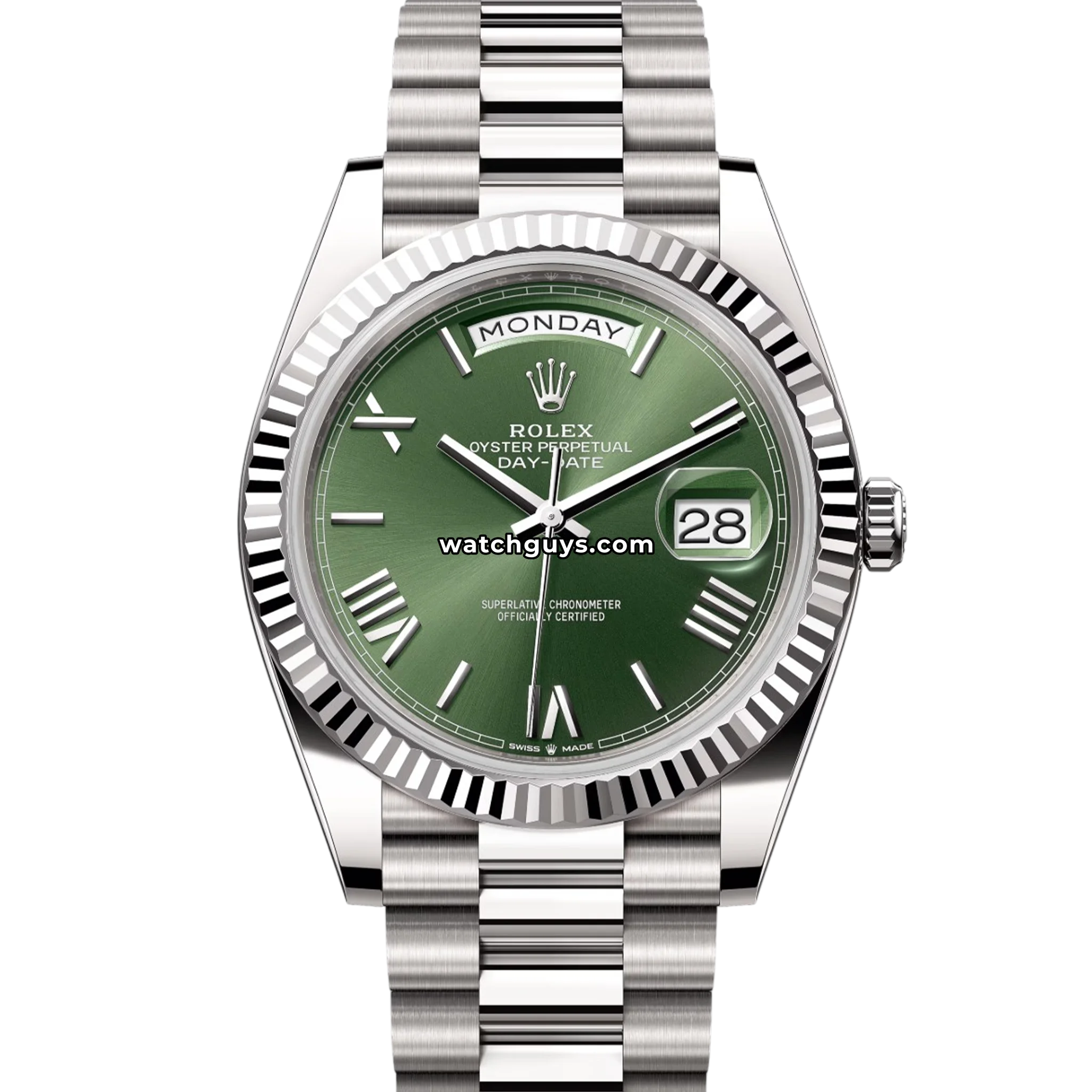 Rolex Day-Date 40 reference 228239 in 18k white gold with a green sunray dial, fluted bezel, and President bracelet product photo from WatchGuys