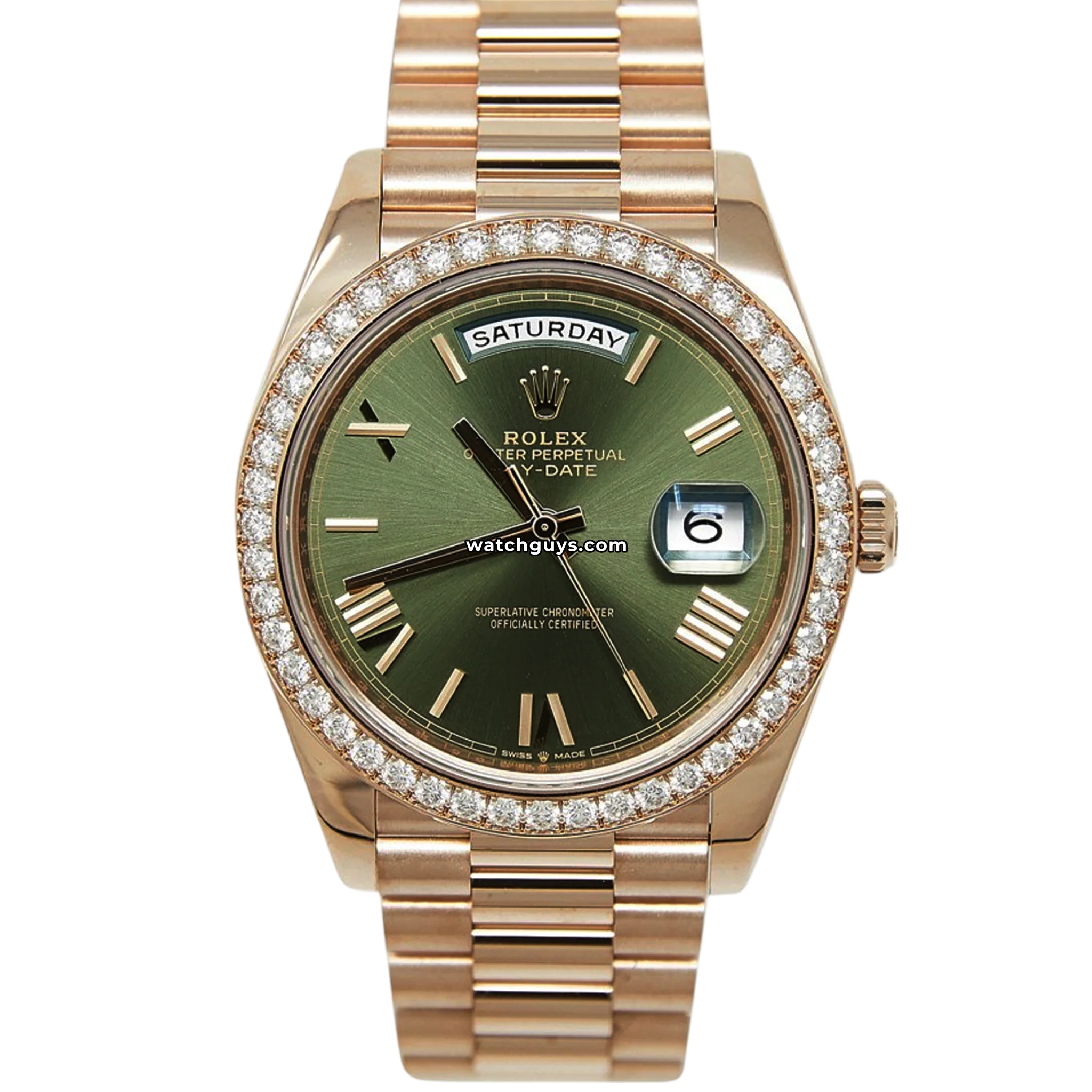 Rolex Day-Date 40 reference 228345RBR in 18k Everose gold with olive green Roman dial and factory diamond bezel product photo from WatchGuys
