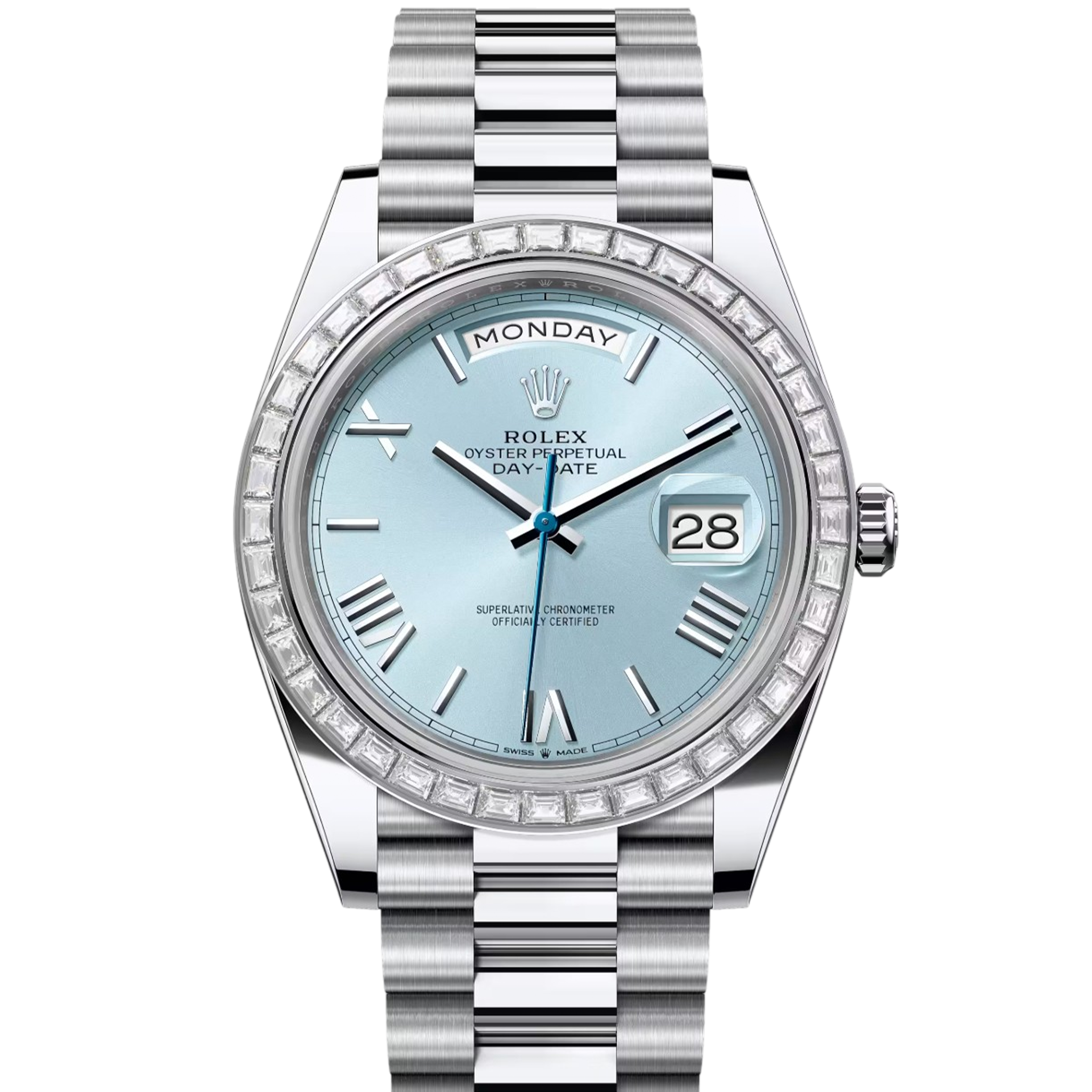 Rolex Day-Date reference 228396TBR platinum with ice blue dial and baguette diamond bezel product photo from WatchGuys