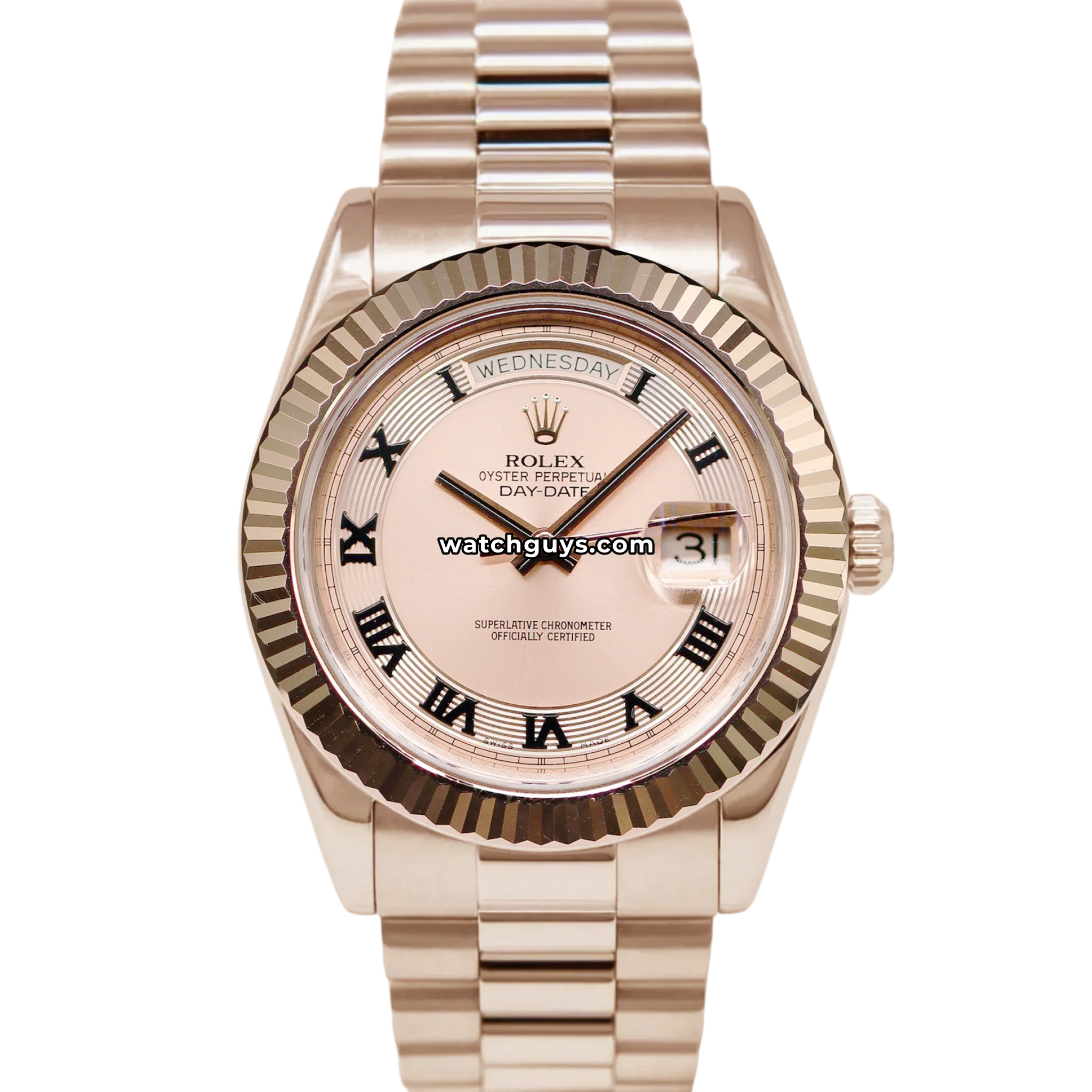 Rolex Day-Date II reference 218235 in 18k Everose gold customized with aftermarket diamonds on case bezel and bracelet product photo from WatchGuys