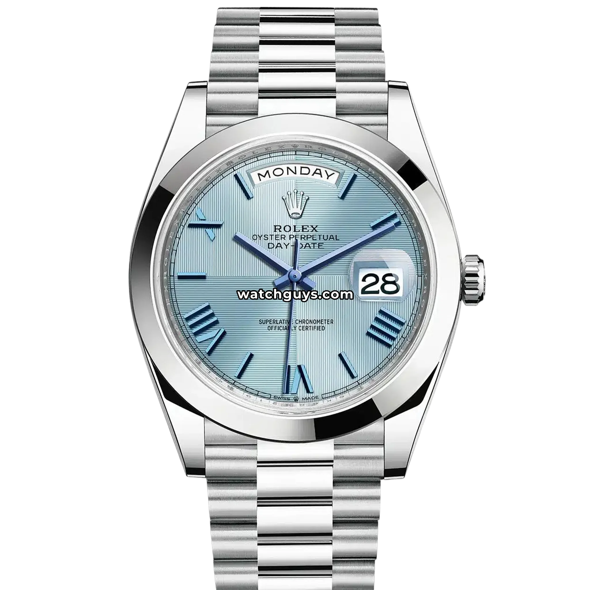 Rolex Day-Date reference 228206 in platinum with ice blue dial and smooth bezel product photo from WatchGuys