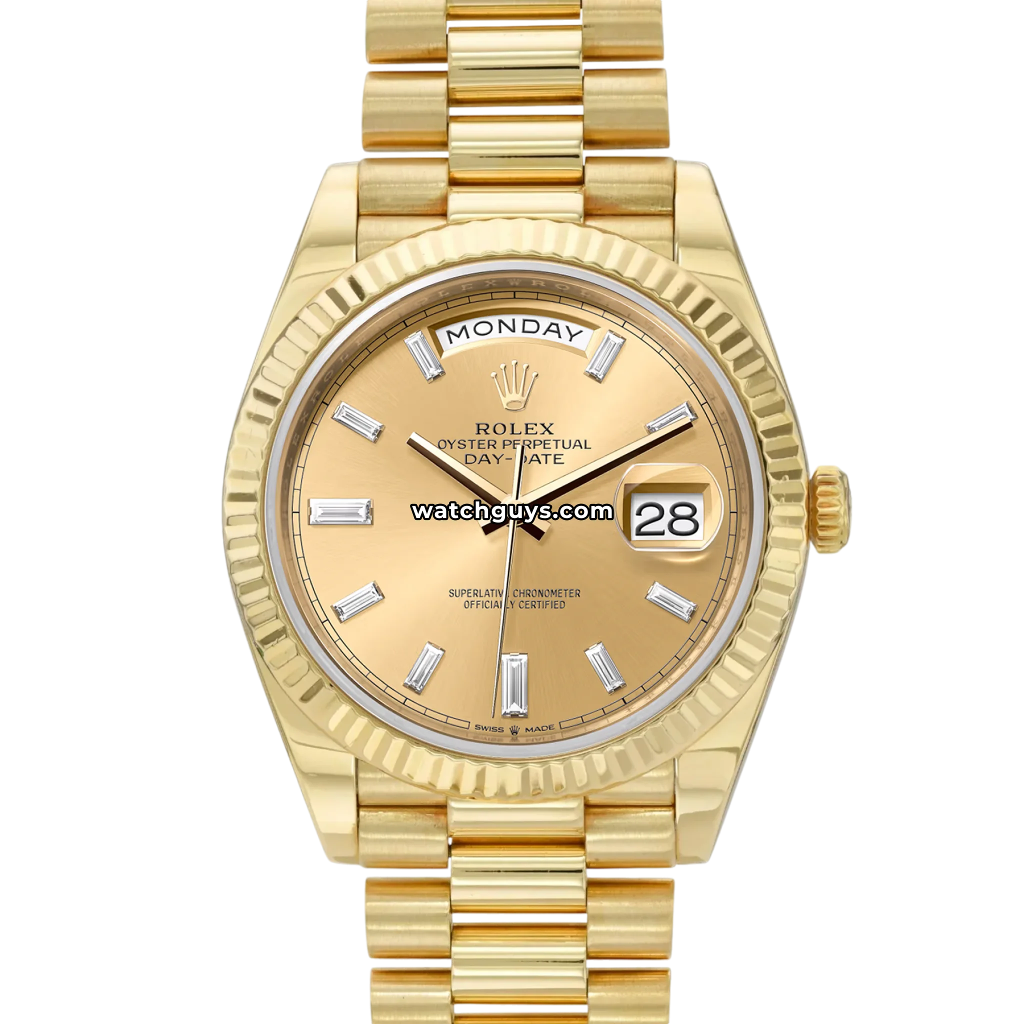 Rolex Day-Date reference 228238 40mm yellow gold with champagne dial and fluted bezel product photo from WatchGuys