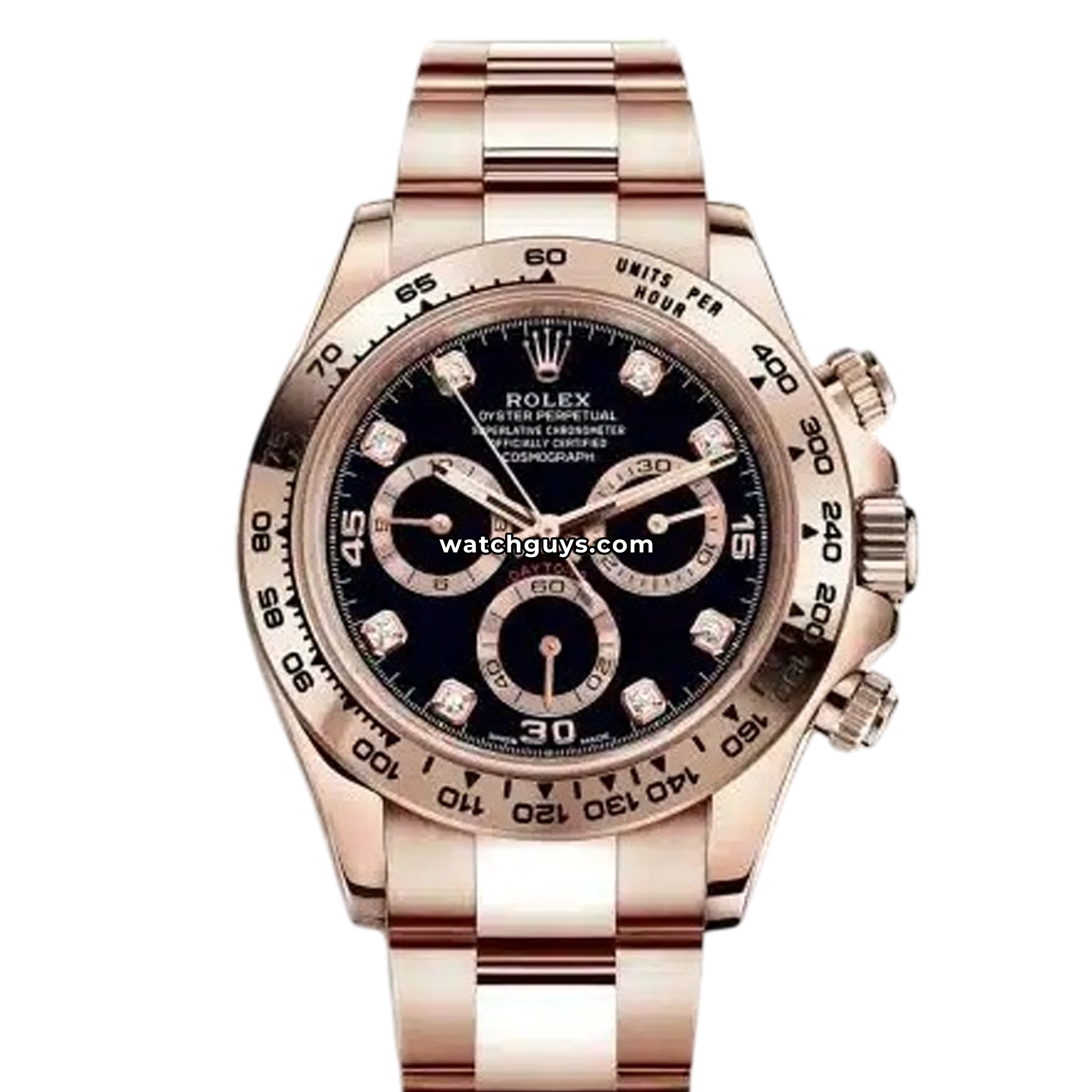 Rolex Cosmograph Daytona reference 116505 in 18k Everose gold with a black diamond hour marker dial and gold subdials product photo from WatchGuys