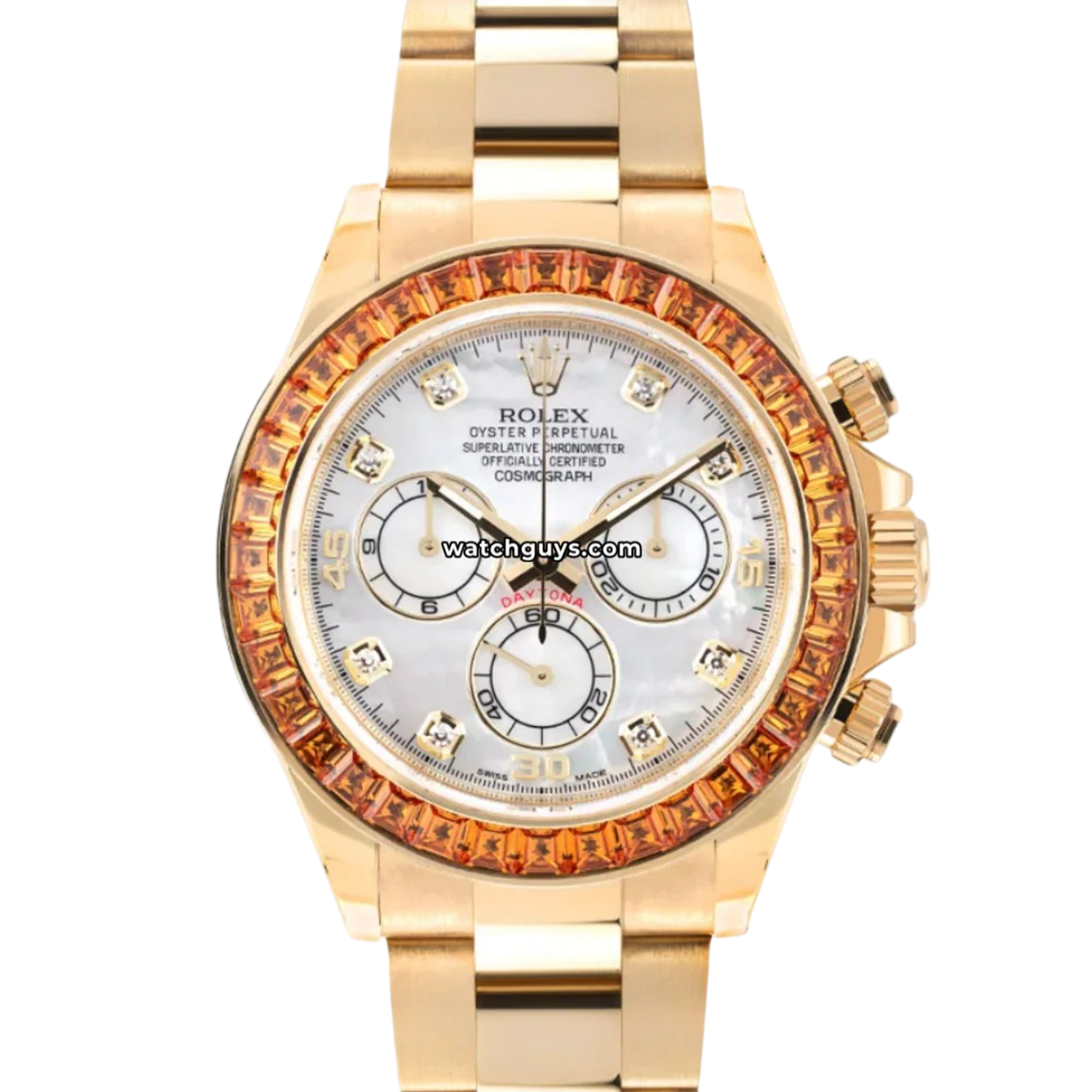 Rolex Daytona reference 116578SACO yellow gold with orange sapphire bezel and mother of pearl dial product photo from WatchGuys