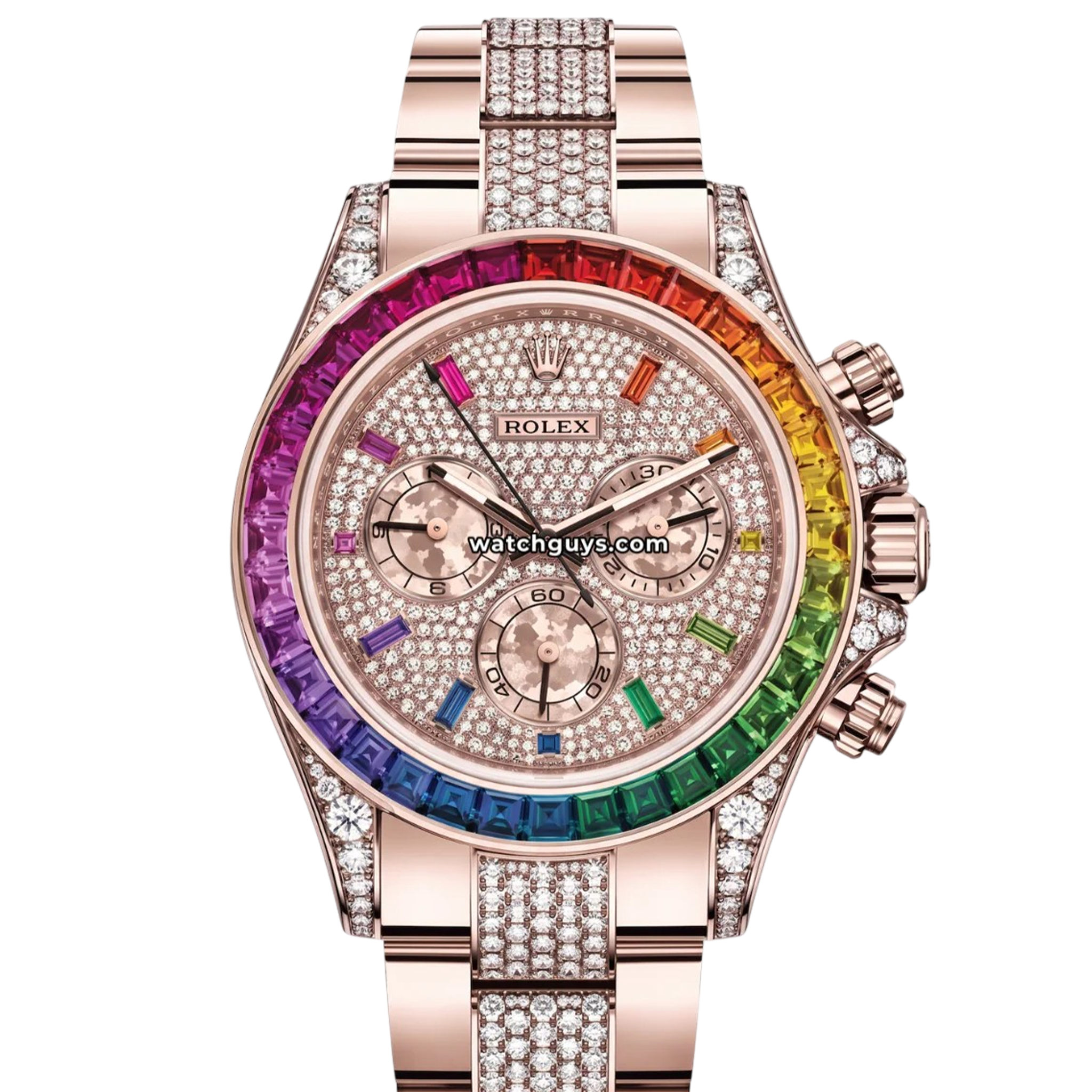 Rolex Daytona Rainbow reference 116595RBOW Everose gold with rainbow sapphire bezel and pavé diamond dial product photo from WatchGuys