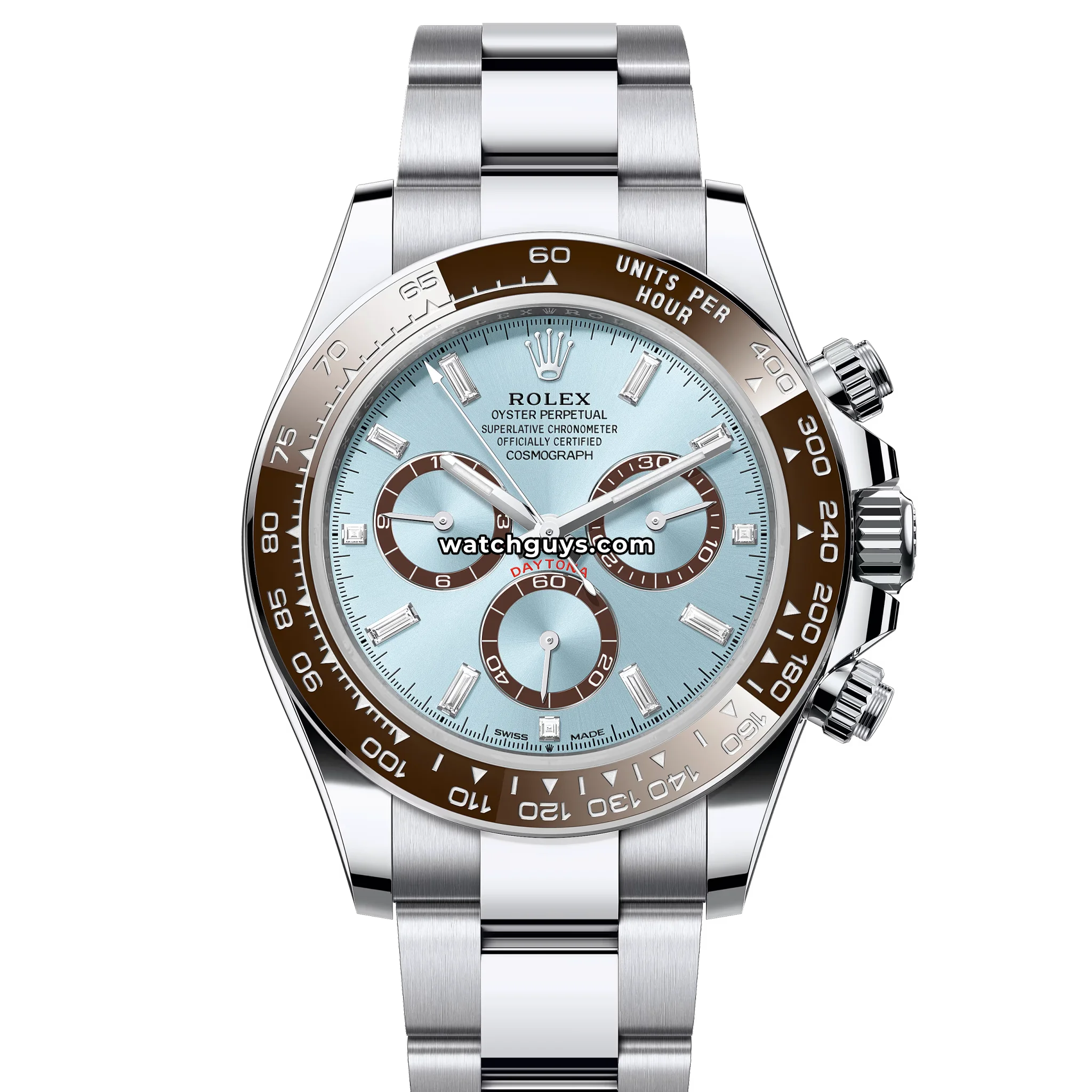 Rolex Daytona Platona reference 126506 in platinum with ice blue dial and brown ceramic bezel product photo from WatchGuys