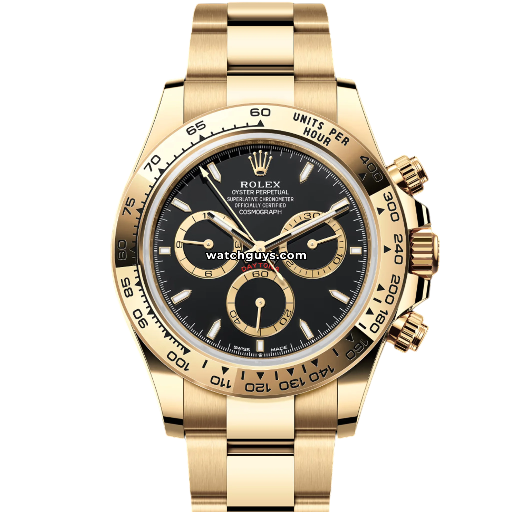 Rolex Cosmograph Daytona reference 126508 in 18k yellow gold with black dial and gold bezel product photo from WatchGuys