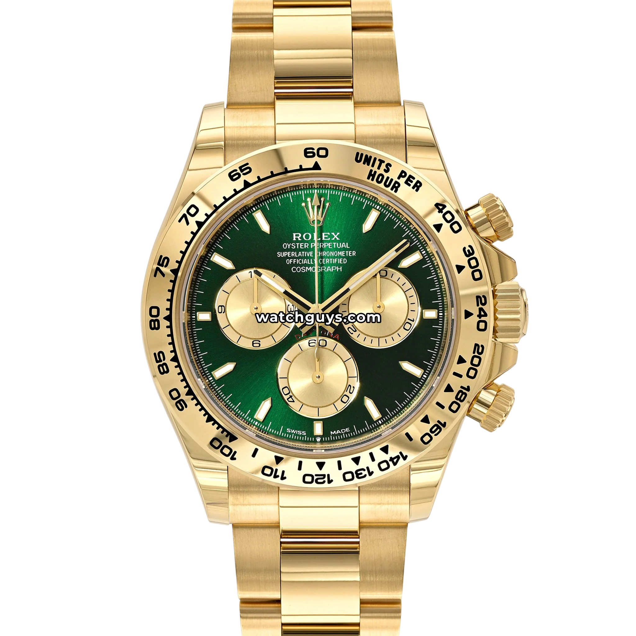 Rolex Daytona reference 126508 in 18k yellow gold with bright green dial and solid gold subdials product photo from WatchGuys