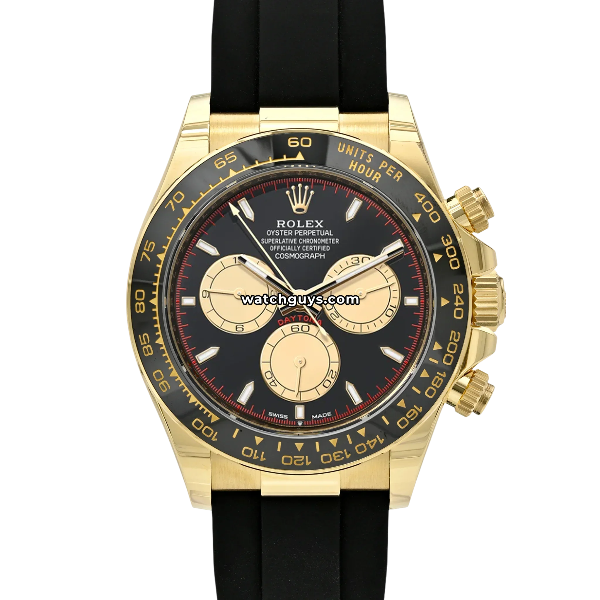 Rolex Cosmograph Daytona reference 126518LN in yellow gold with black Cerachrom ceramic bezel on Oysterflex product photo from WatchGuys