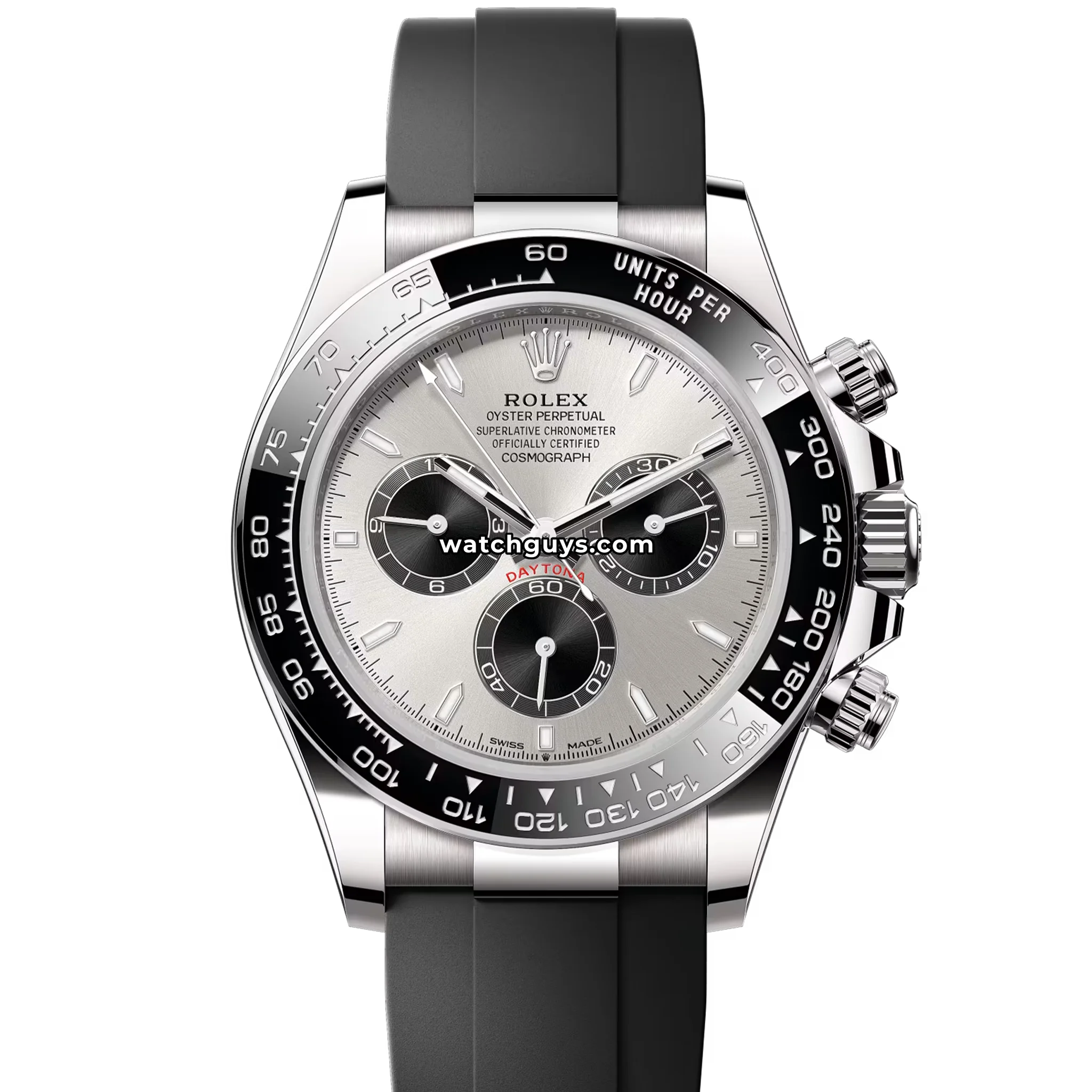 Rolex Daytona Ghost reference 126519LN in 18k white gold with silver dial and Oysterflex strap product photo from WatchGuys