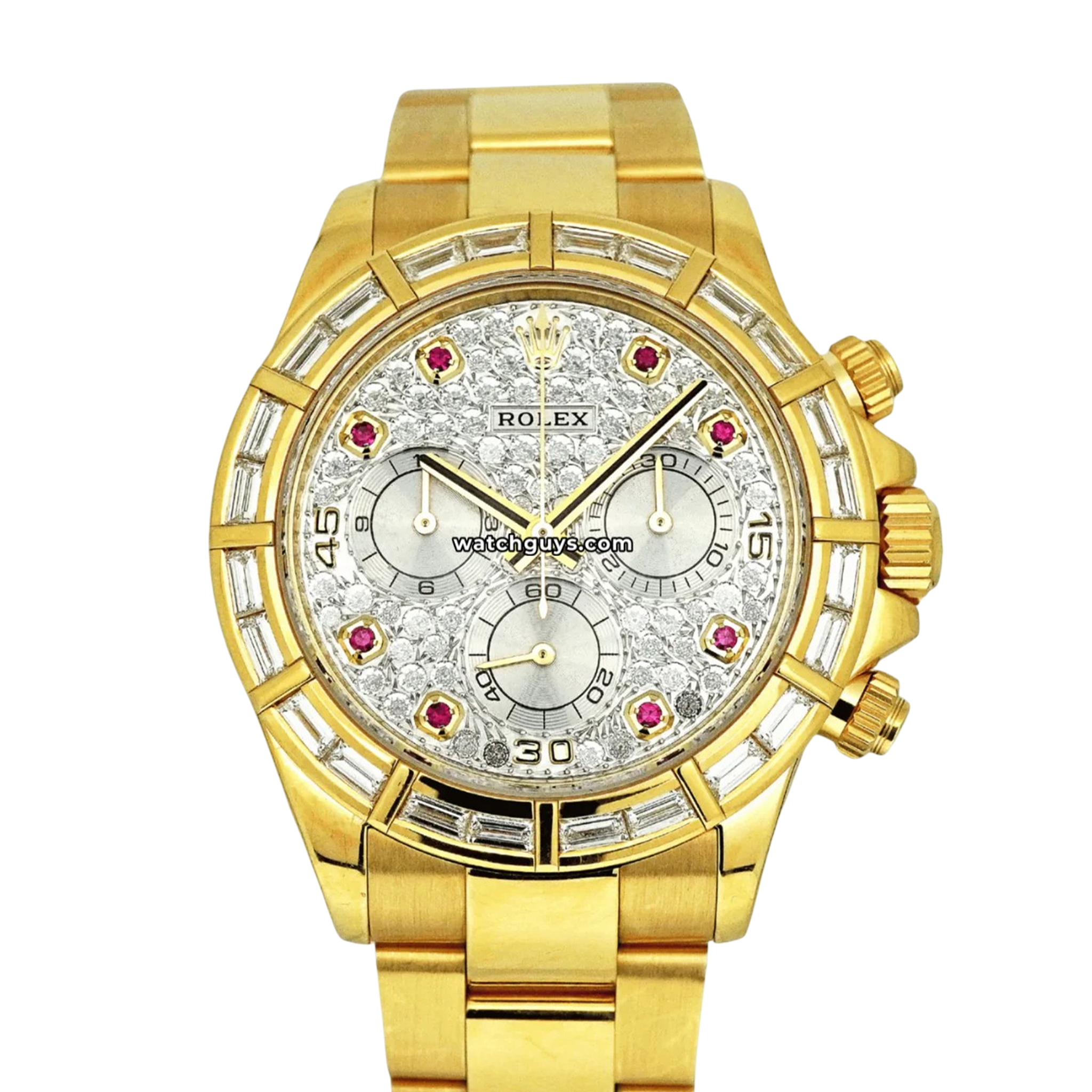 Rolex Daytona reference 16568TBR yellow gold with pavé diamond dial, ruby hour markers and baguette diamond bezel product photo from WatchGuys