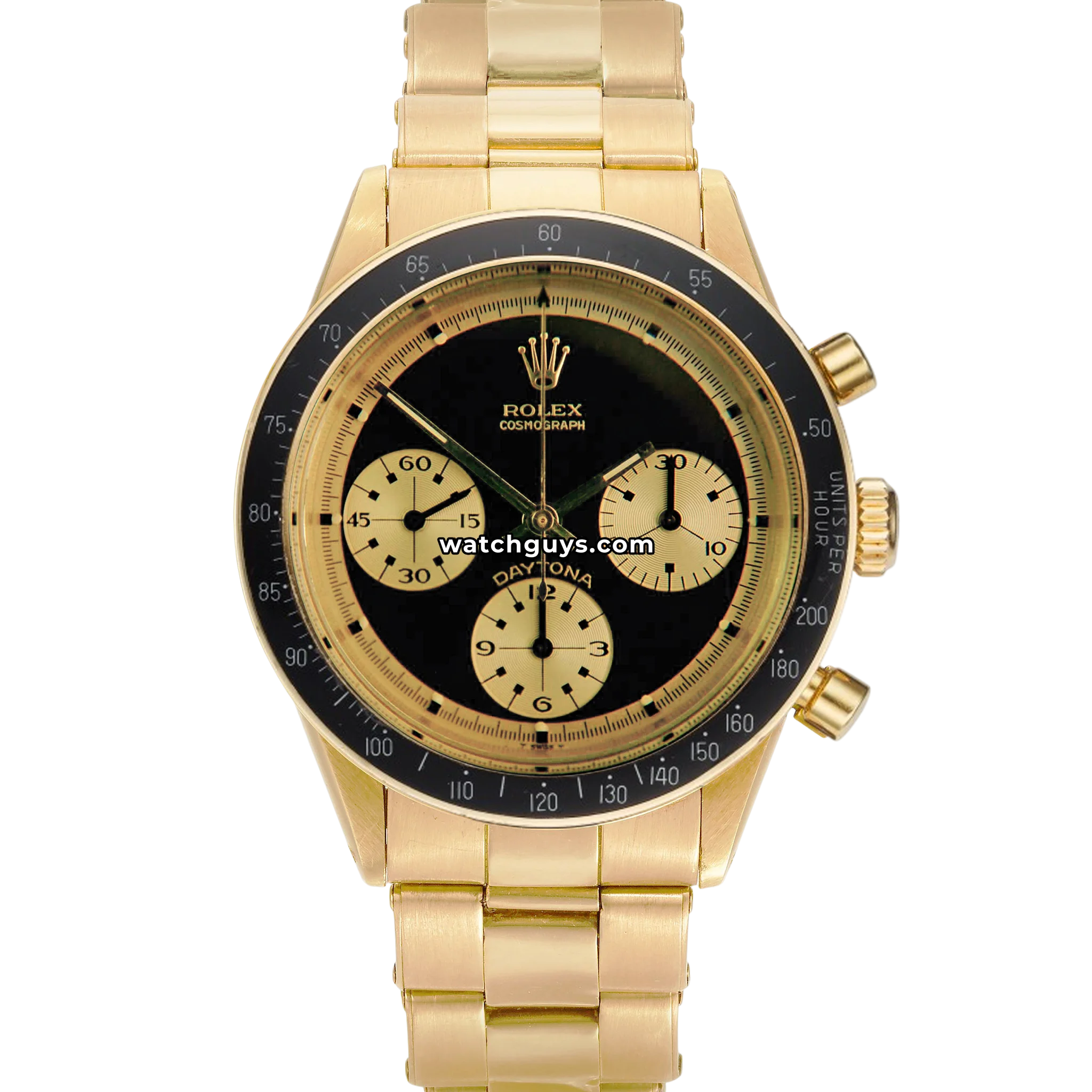 Rolex Daytona reference 6241 John Player Special with yellow gold case and black Paul Newman dial product photo from WatchGuys