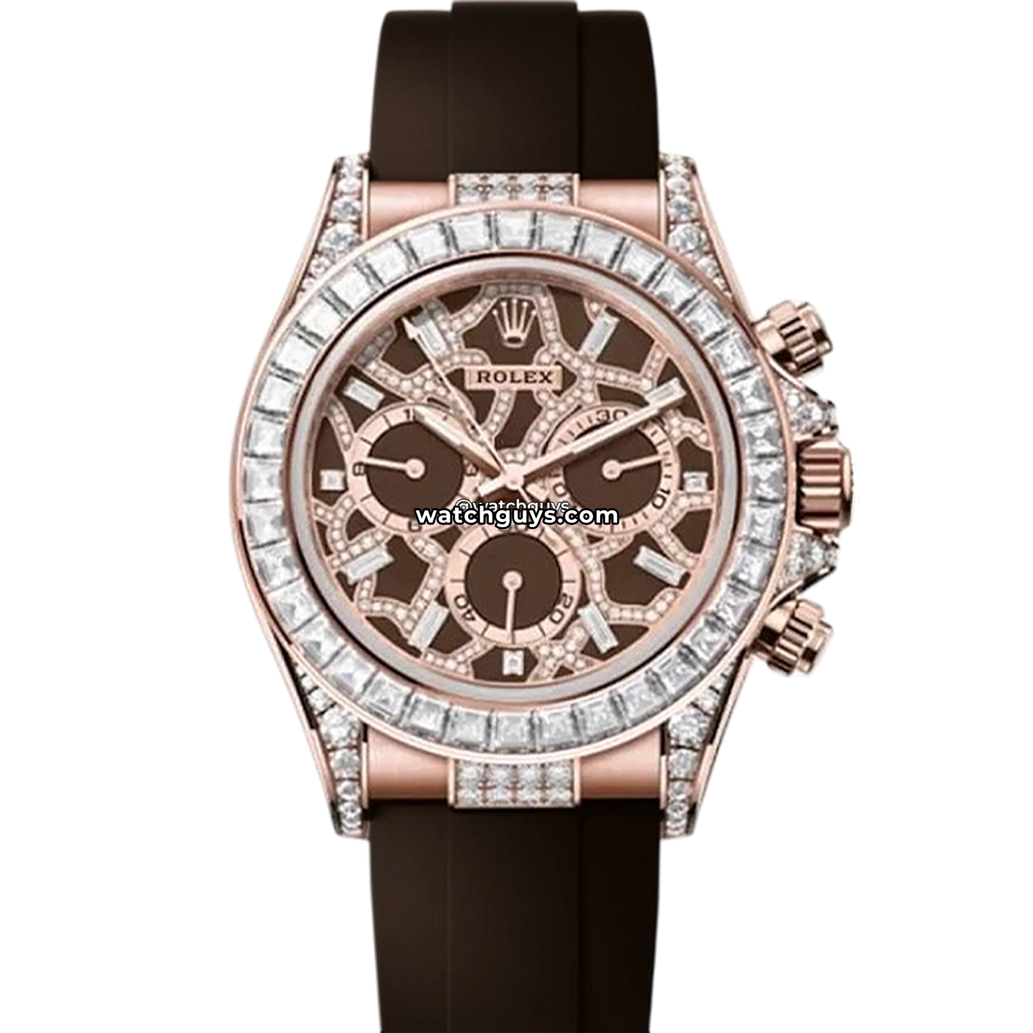 Rolex Daytona Giraffe reference 126555TBR Everose gold with baguette diamond bezel and brown lacquer dial product photo from WatchGuys