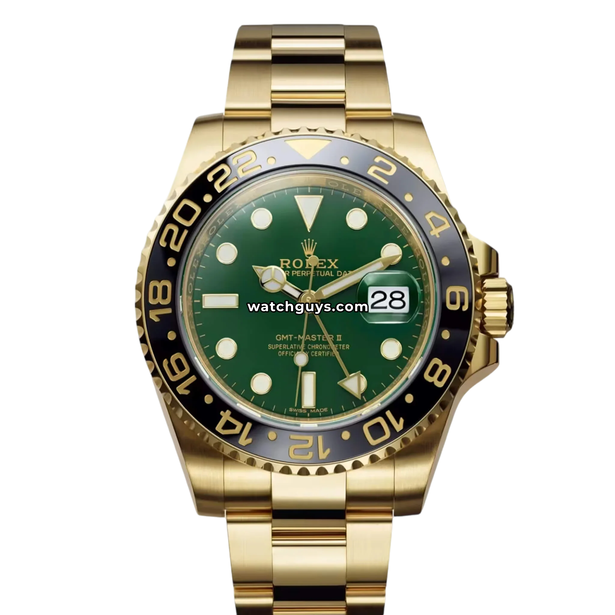 Rolex GMT-Master II reference 116718LN in 18k yellow gold with a green dial and black Cerachrom bezel product photo from WatchGuys