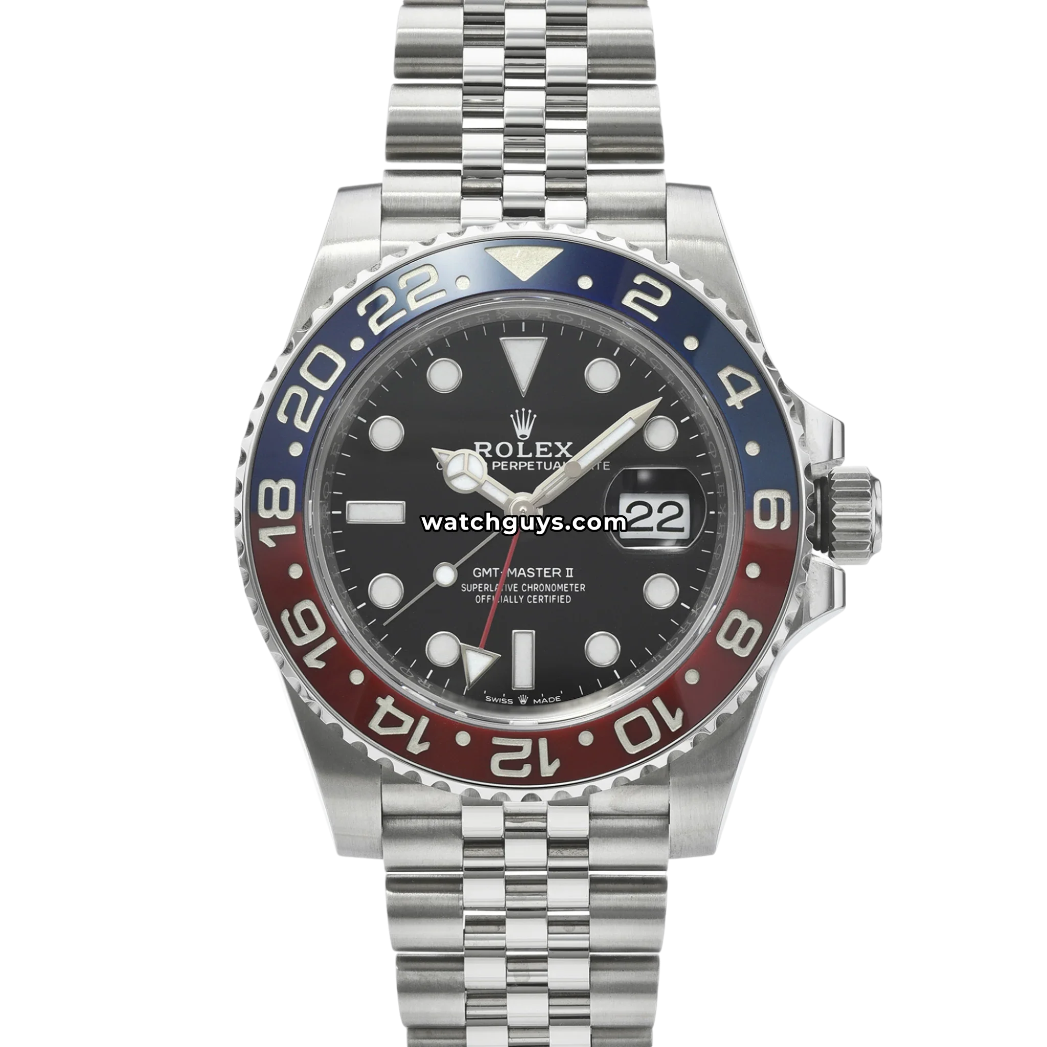 Rolex GMT-Master II Pepsi reference 126710BLRO with red and blue ceramic bezel on Jubilee bracelet product photo from WatchGuys