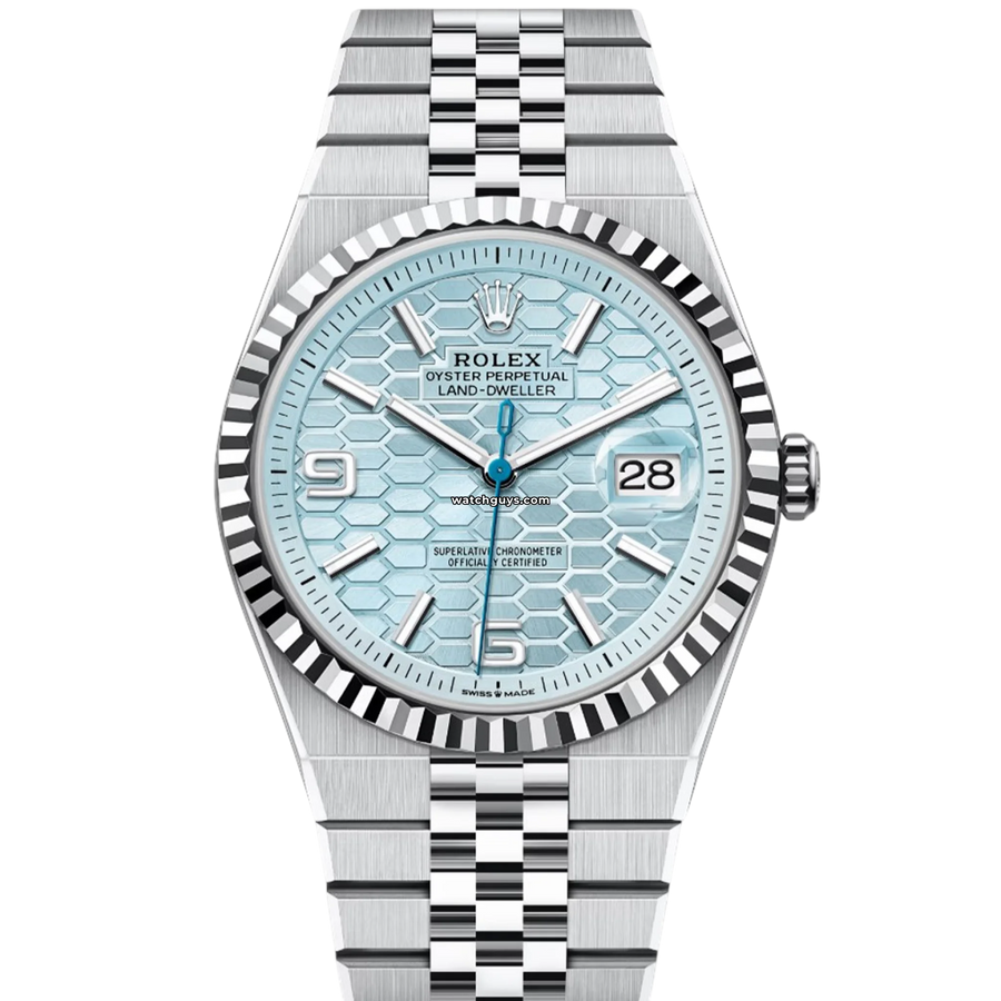 Rolex Land-Dweller 127336 Platinum Ice Blue Honeycomb Motif Watches